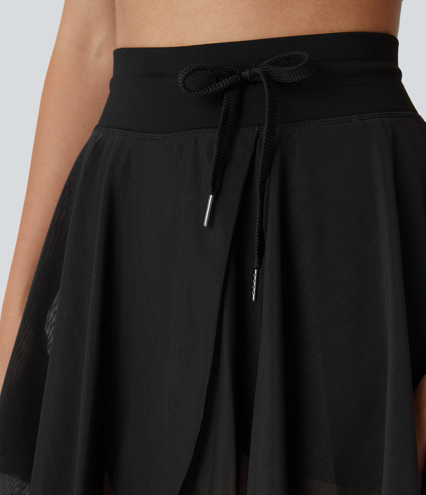 High Waisted Drawstring Contrast Mesh 2-in-1 Pocket Flowy Mini Flare Casual Skirt