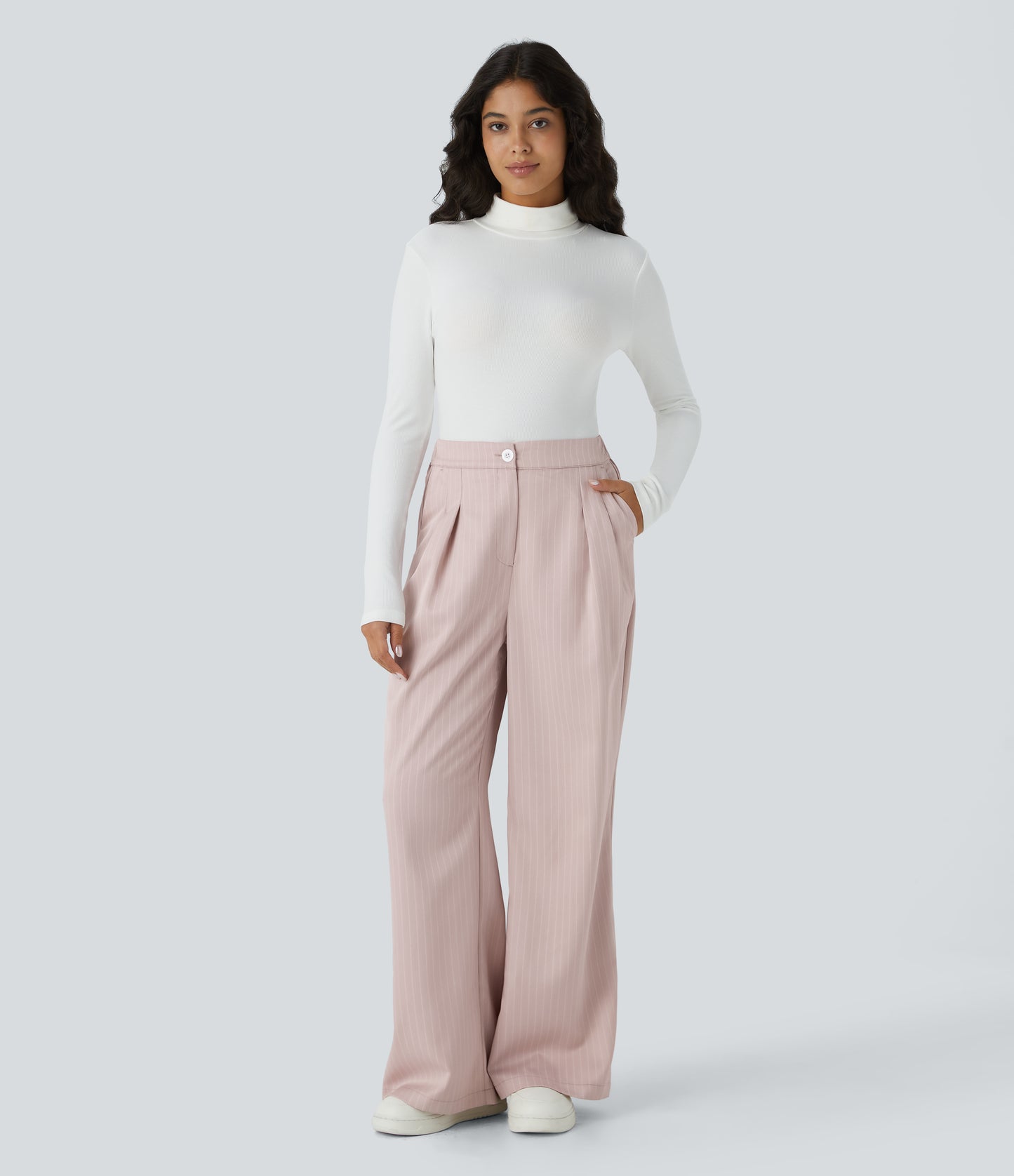High Waisted Zipper Pocket Wide Leg Striped Work Pants
