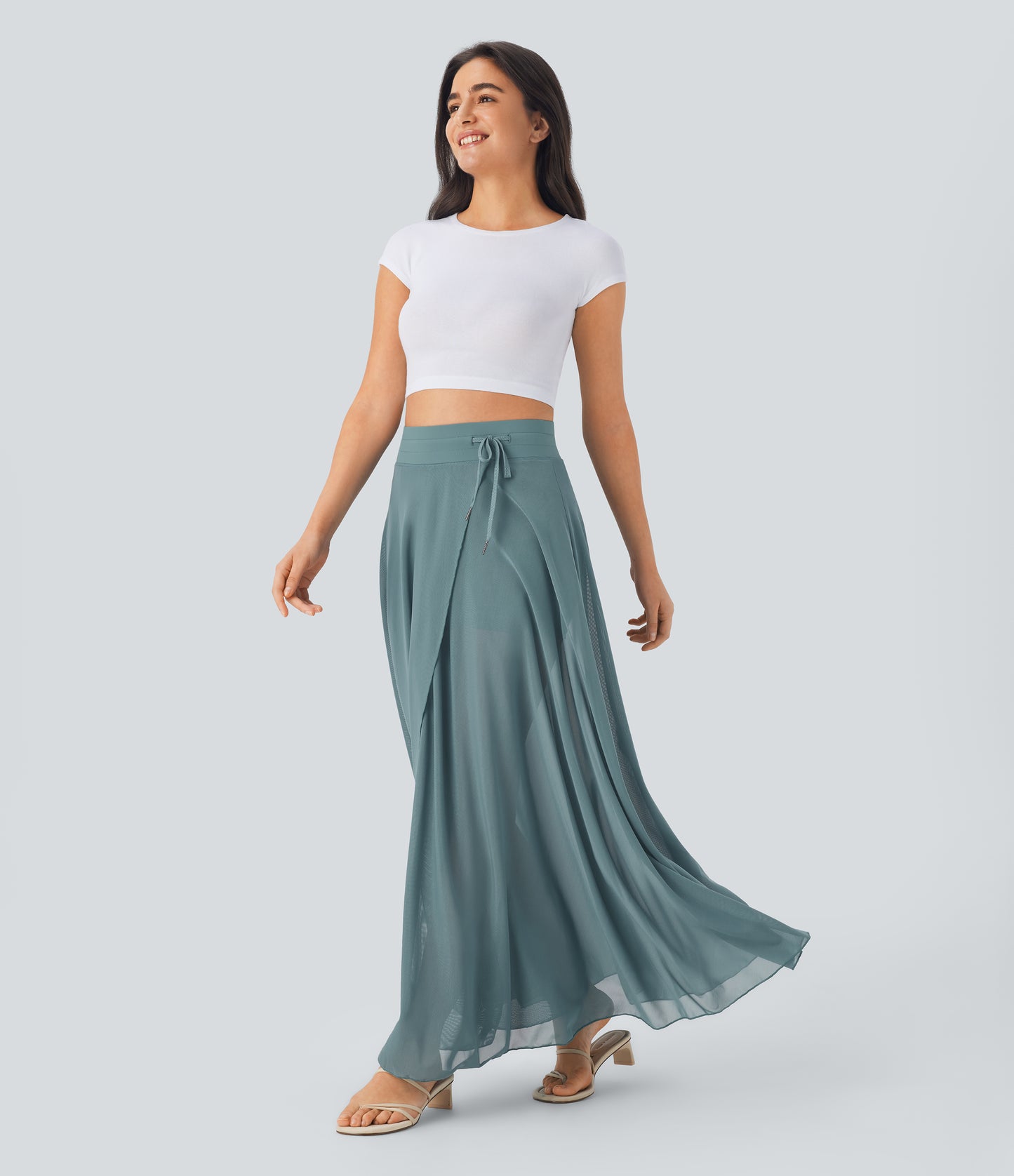 High Waisted Drawstring Contrast Mesh 2-in-1 Pocket Flowy Maxi Flare Casual Skirt