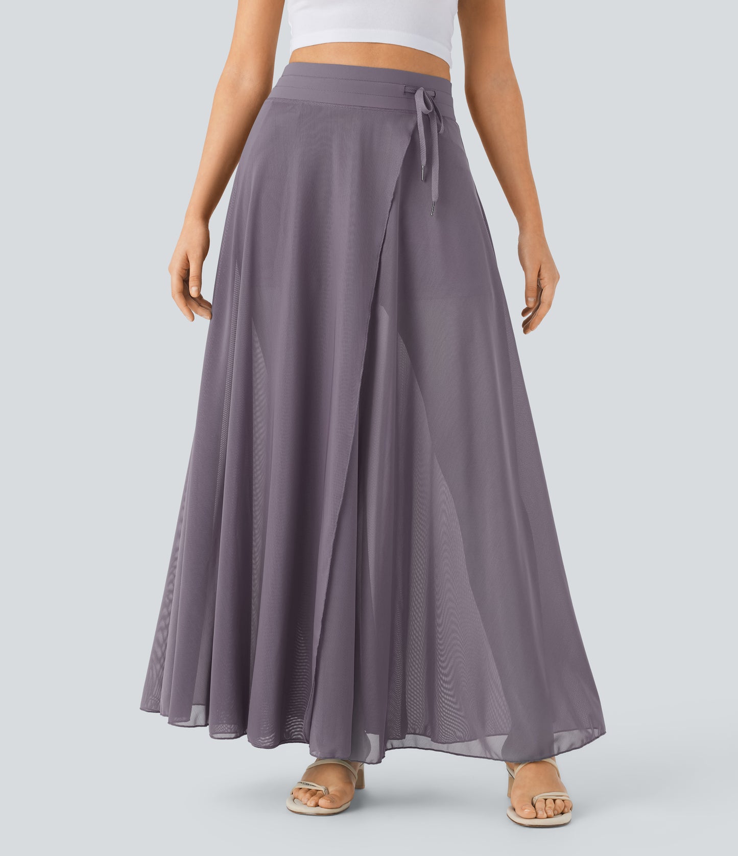 High Waisted Drawstring Contrast Mesh 2-in-1 Pocket Flowy Maxi Flare Casual Skirt