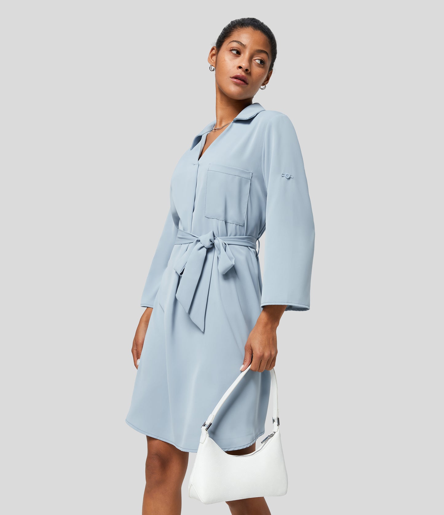 Roll Up Sleeve Belted Relaxed Work Shirt Dress