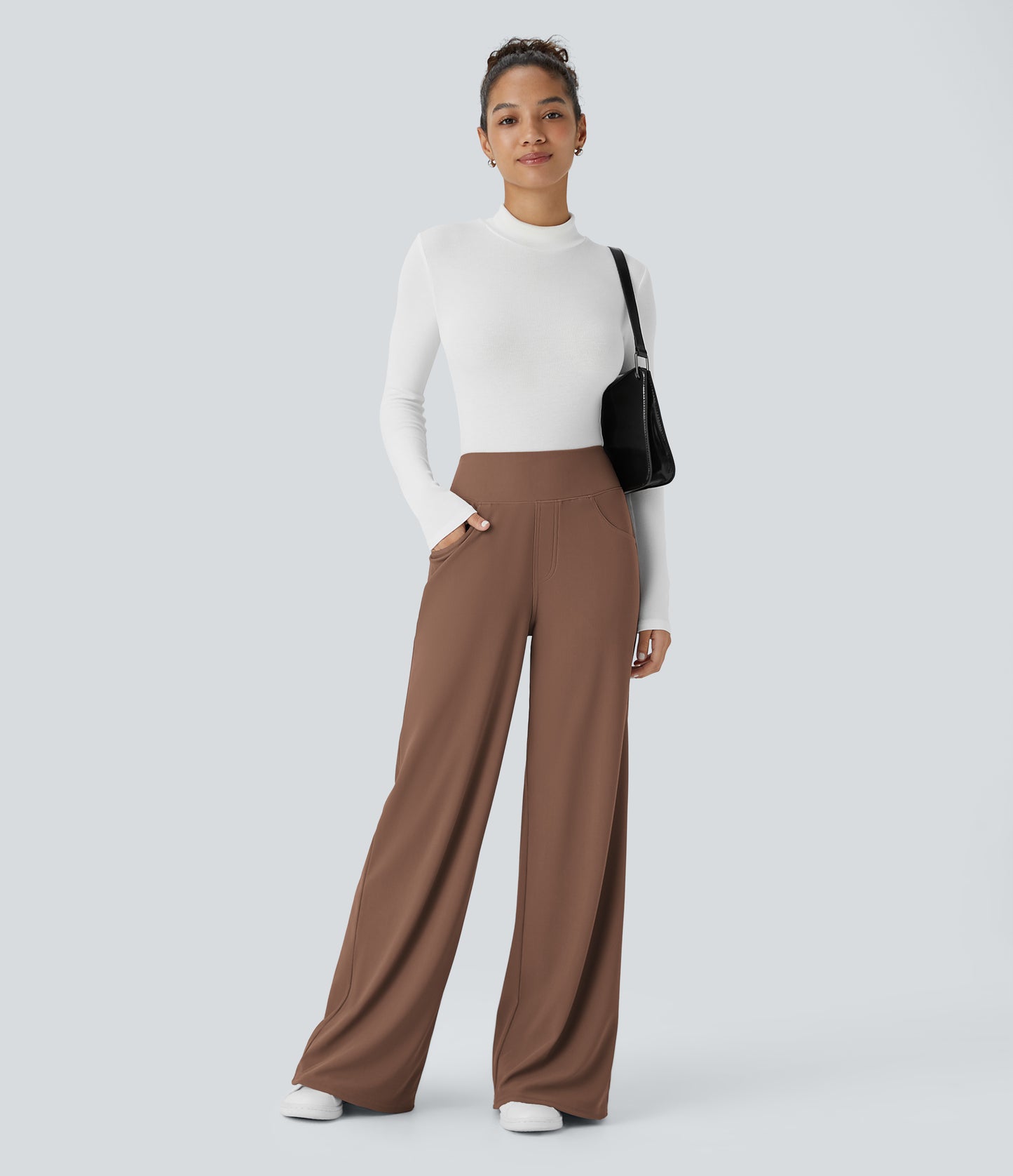 High Waisted Tummy Control Pockets Wide Leg Micro Waffle Work Pants
