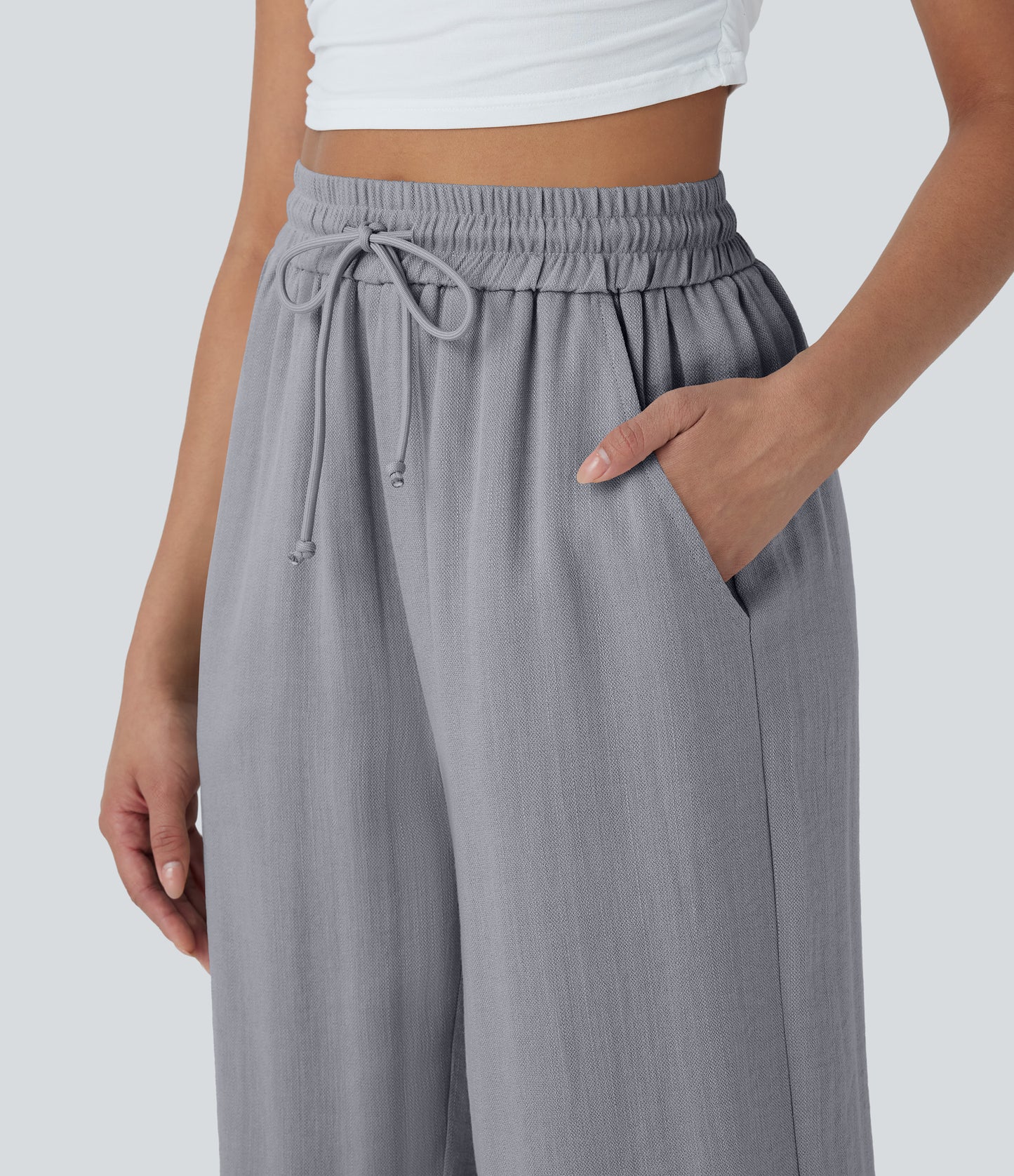 High Waisted Drawstring Wide Leg Cropped Casual Linen-Feel Pants with Pockets