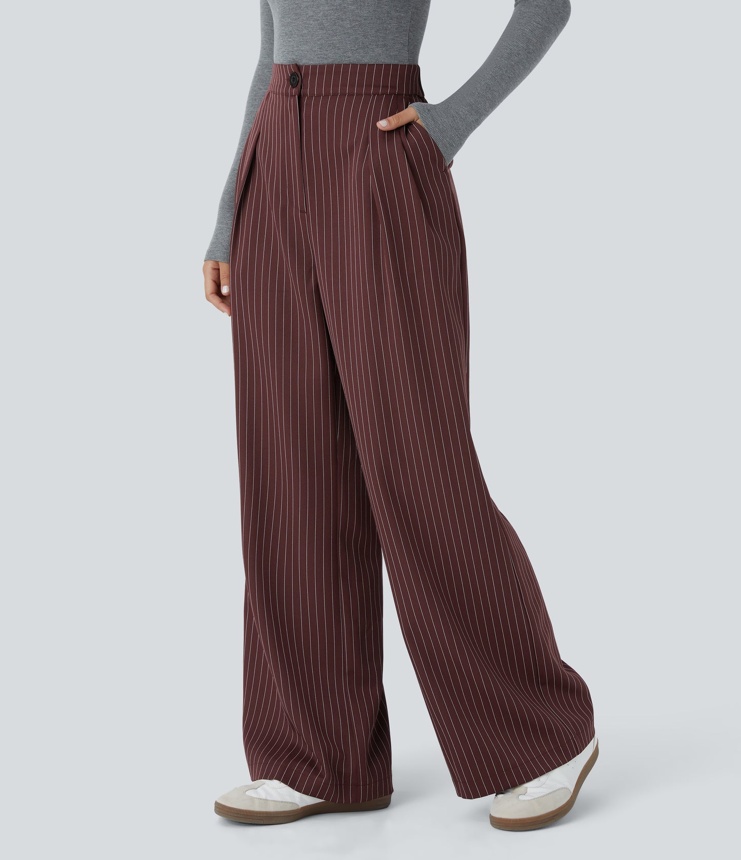 High Waisted Zipper Pocket Wide Leg Striped Work Pants