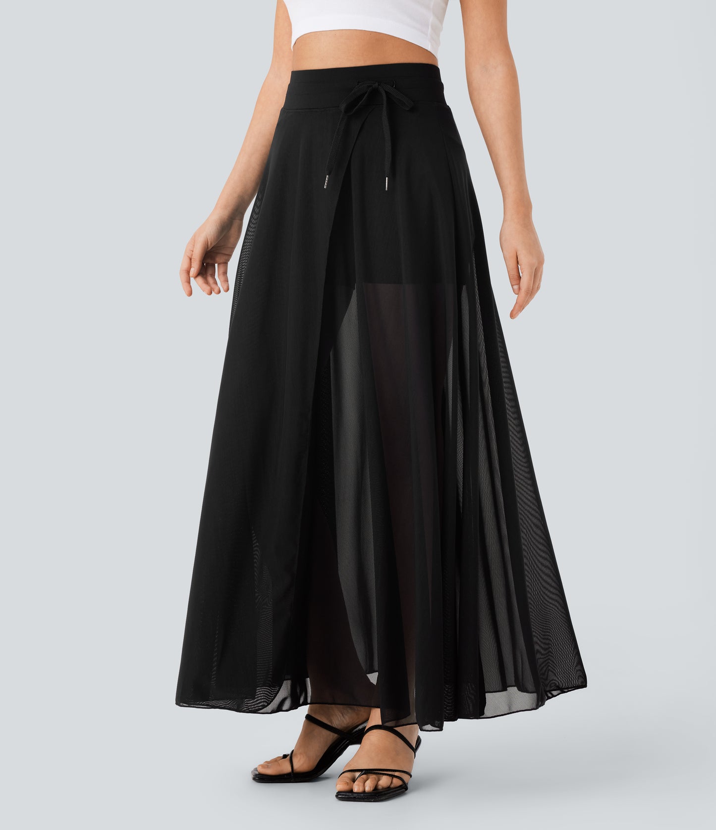 High Waisted Drawstring Contrast Mesh 2-in-1 Pocket Flowy Maxi Flare Casual Skirt