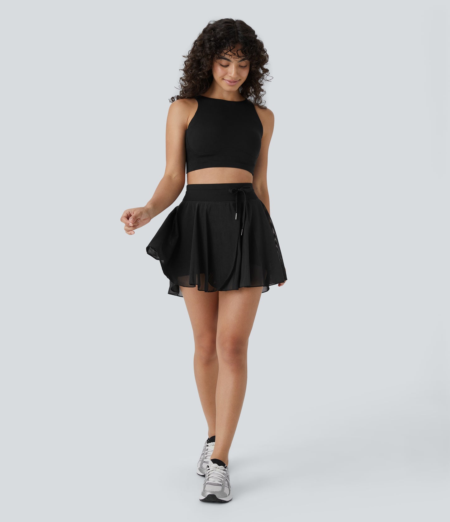 High Waisted Drawstring Contrast Mesh 2-in-1 Pocket Flowy Mini Flare Casual Skirt