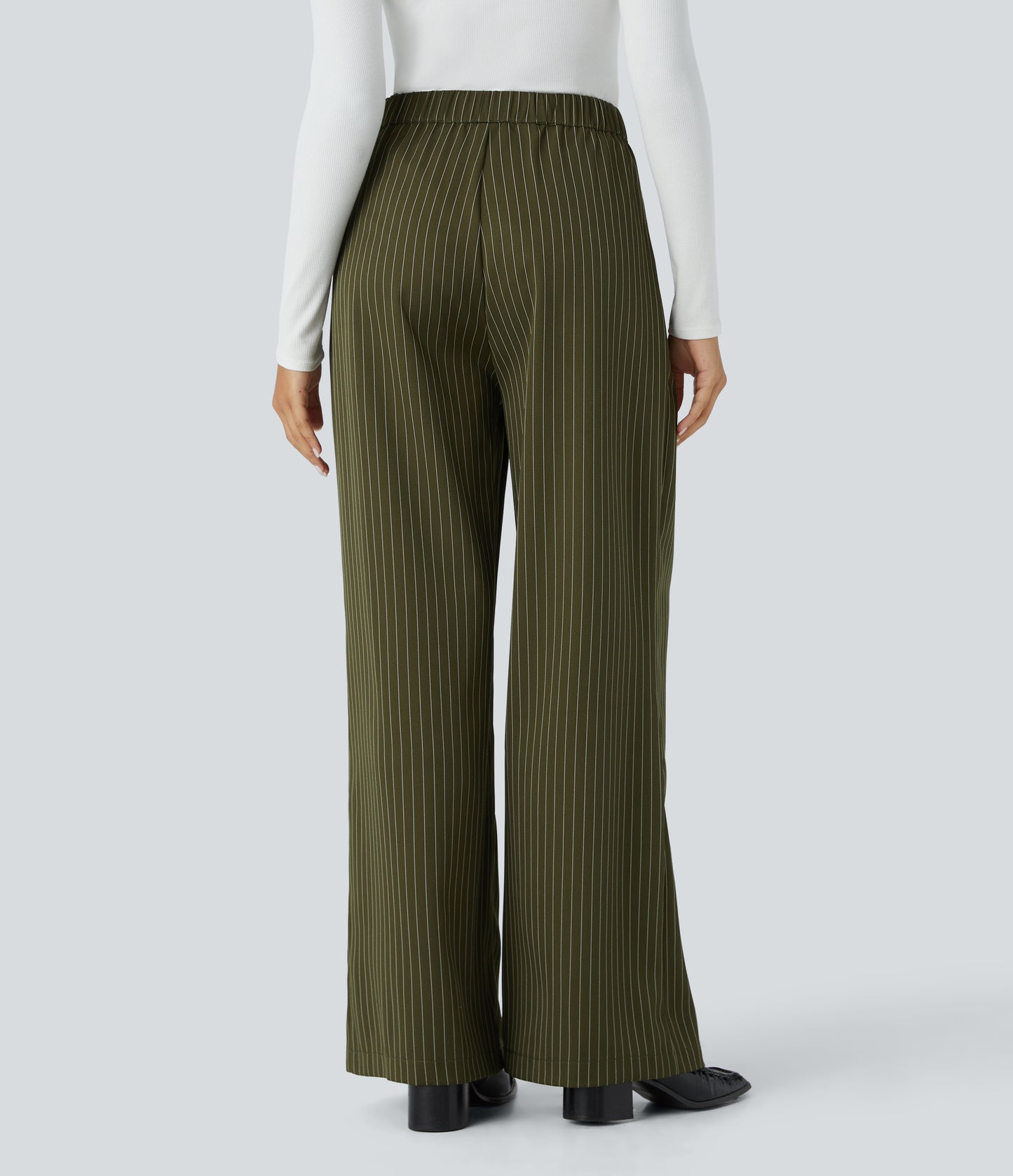 High Waisted Zipper Pocket Wide Leg Striped Work Pants