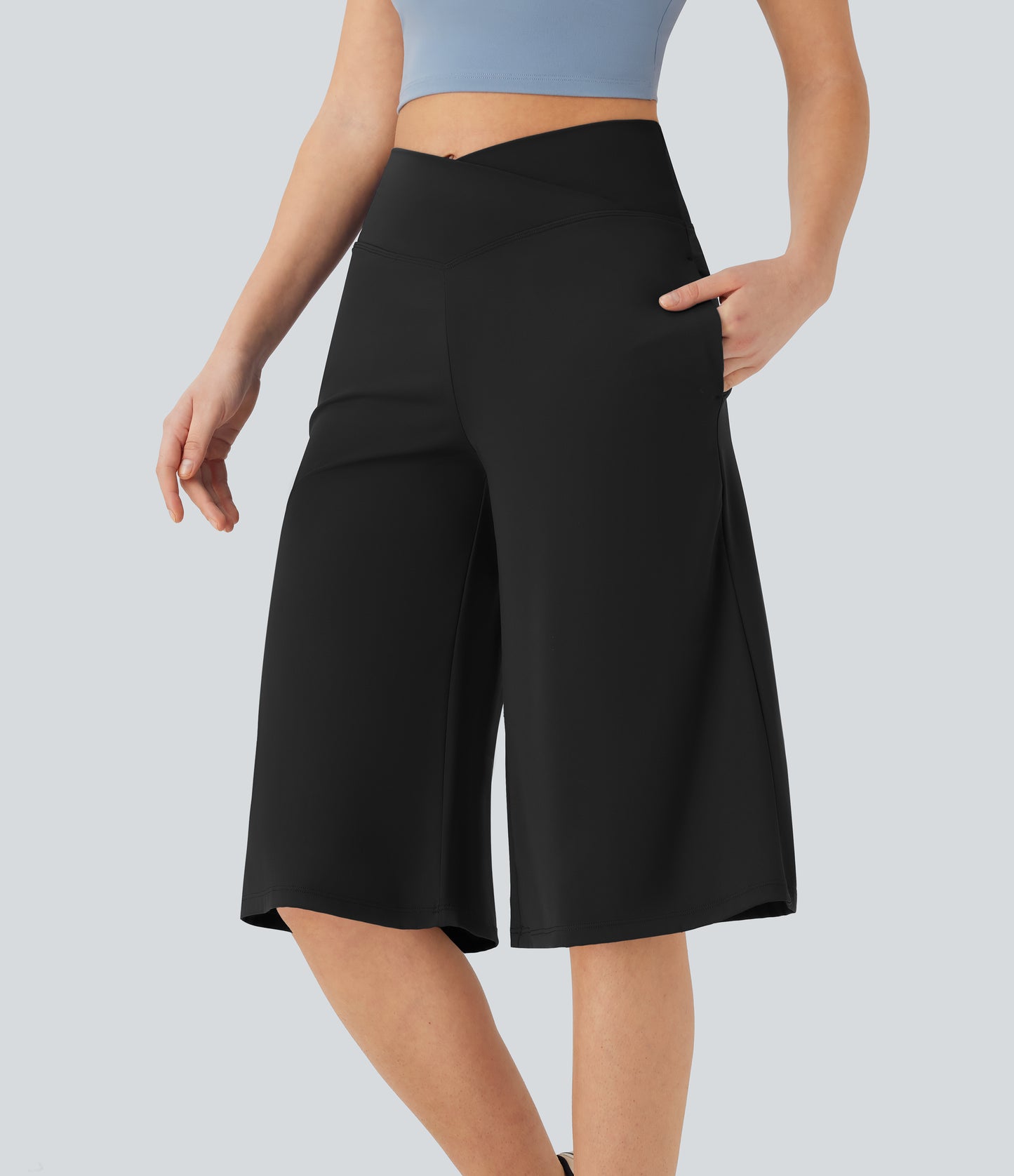 High Waisted Wide Leg Cool Touch Yoga Pedal Pusher Pants with Pockets