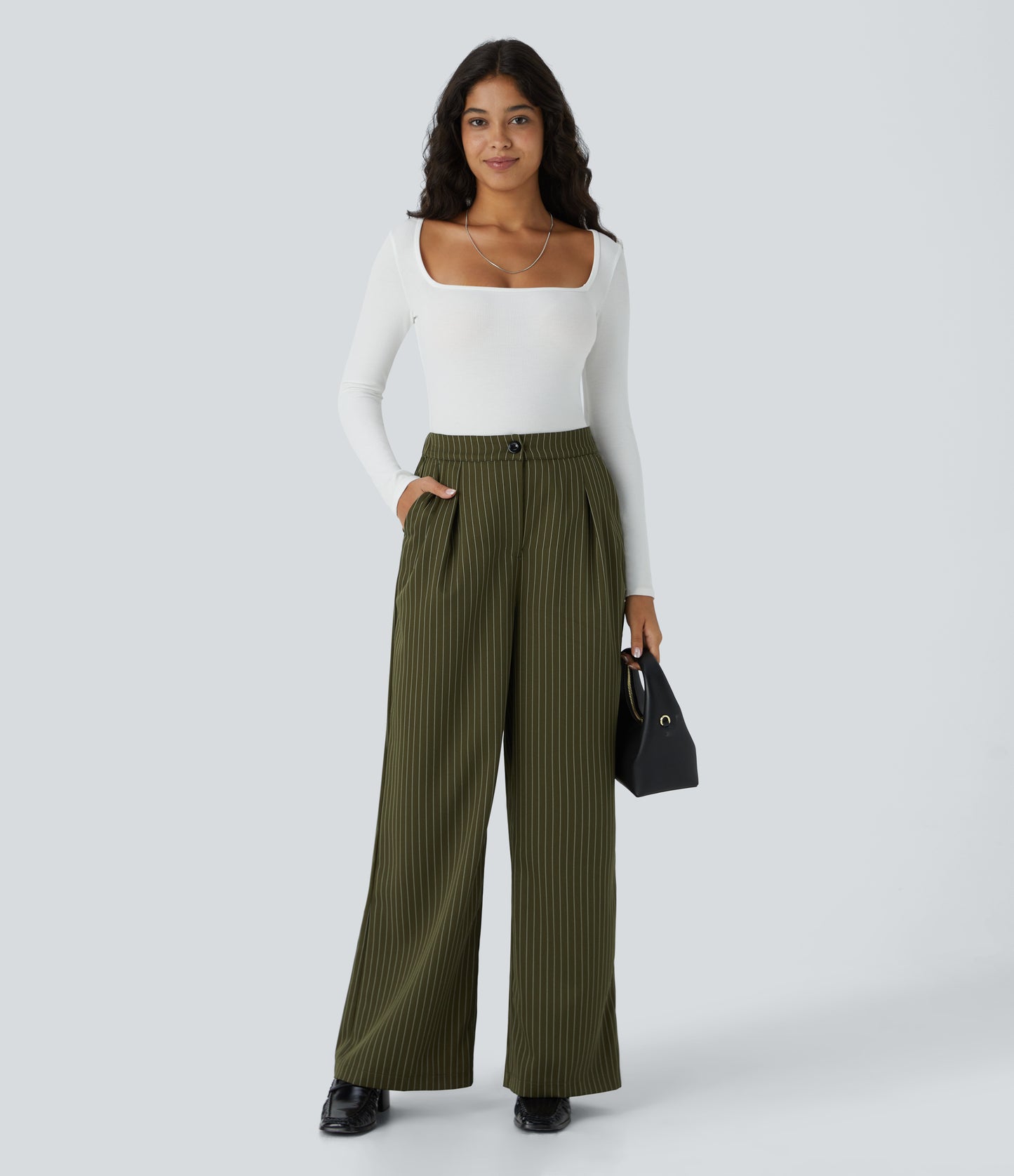 High Waisted Zipper Pocket Wide Leg Striped Work Pants
