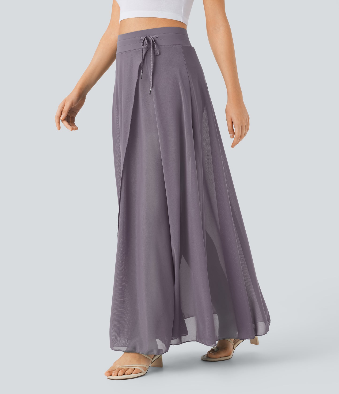High Waisted Drawstring Contrast Mesh 2-in-1 Pocket Flowy Maxi Flare Casual Skirt