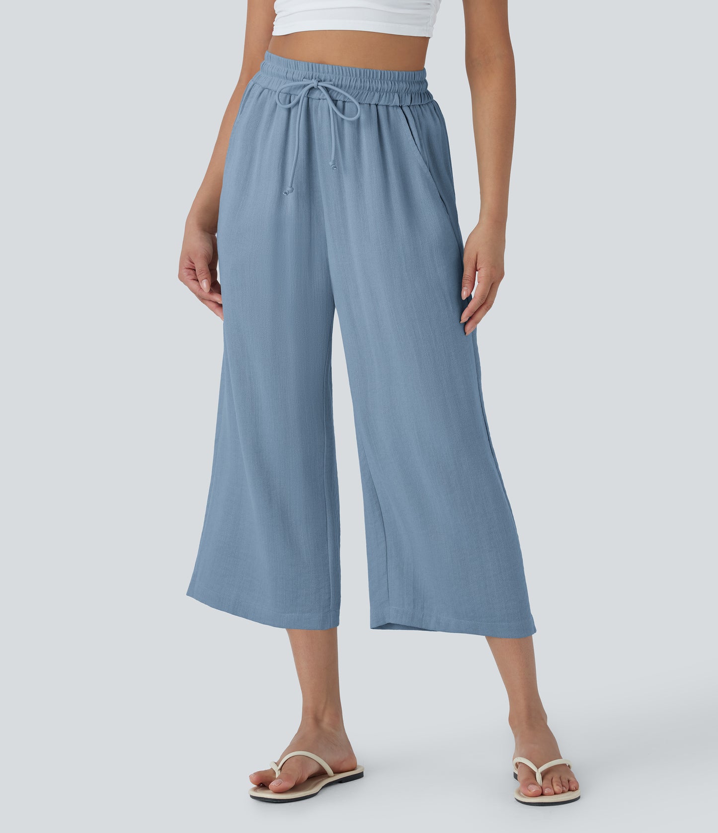 High Waisted Drawstring Wide Leg Cropped Casual Linen-Feel Pants with Pockets