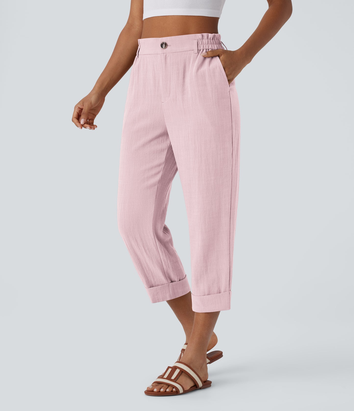High Waisted Zipper Pocket Capri Linen-Feel Pants