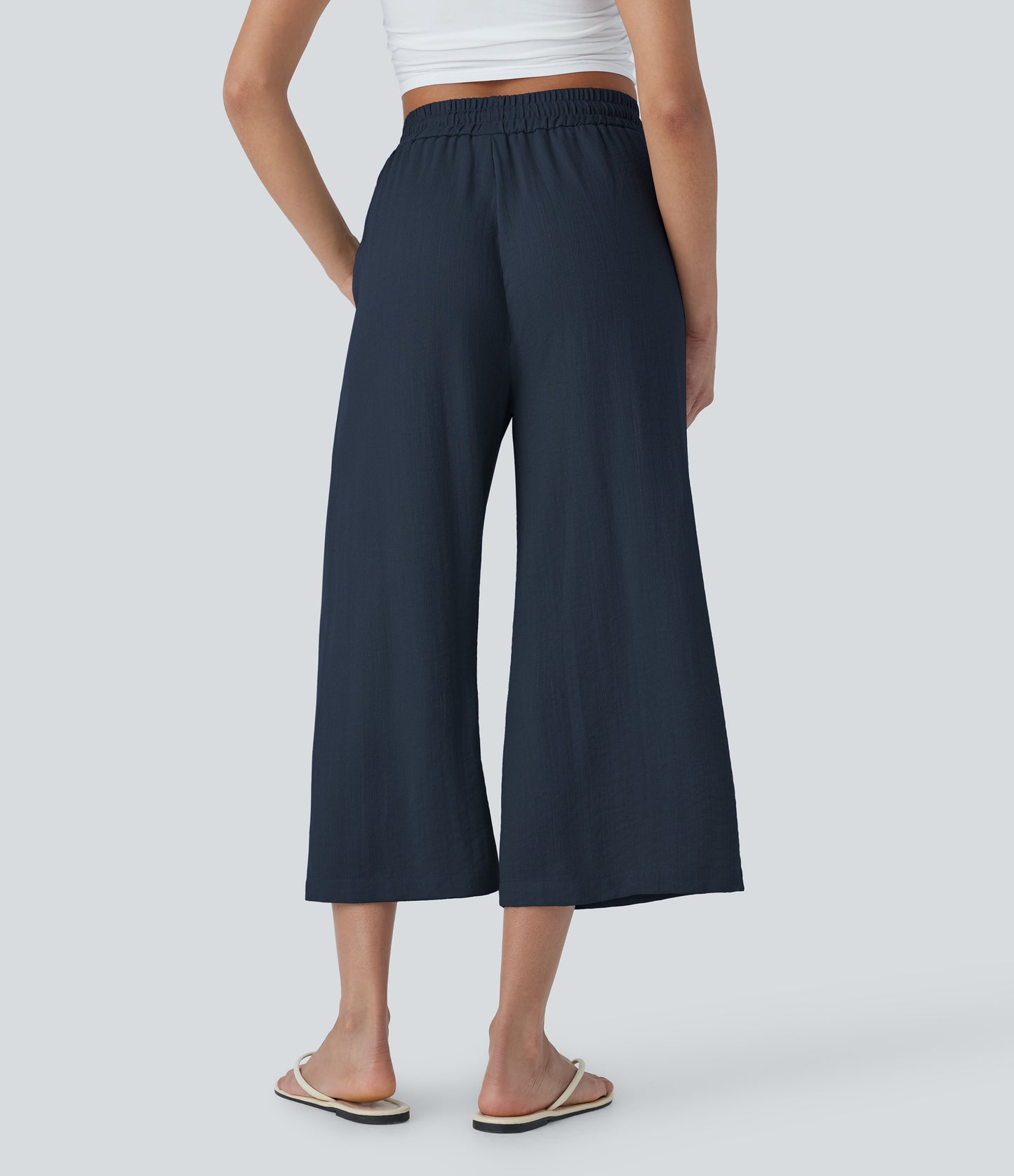 High Waisted Drawstring Wide Leg Cropped Casual Linen-Feel Pants with Pockets