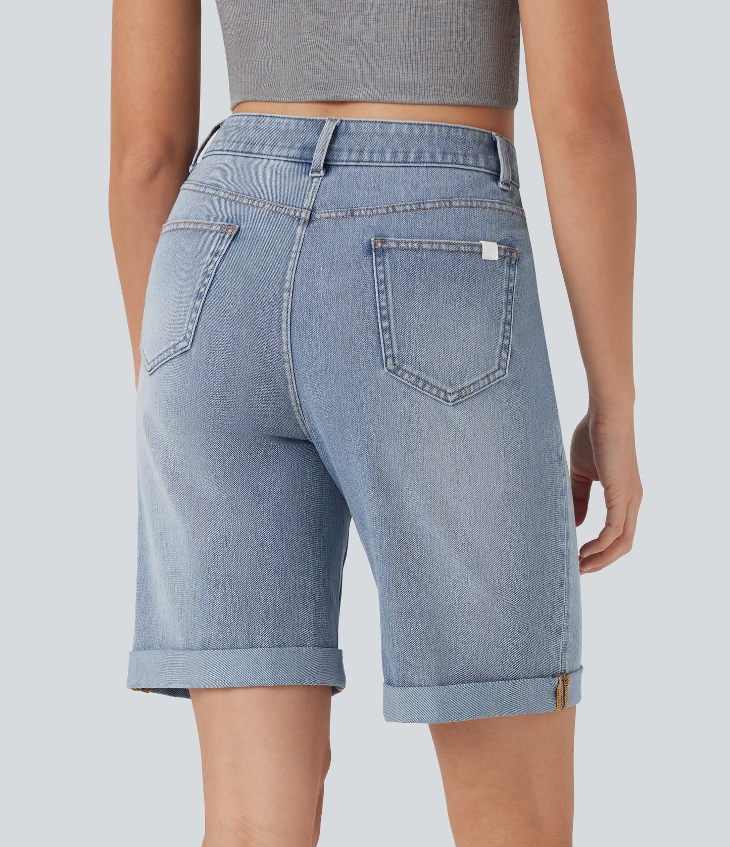 High Waisted Pockets Rolled Hem Washed Denim Casual Bermuda Shorts