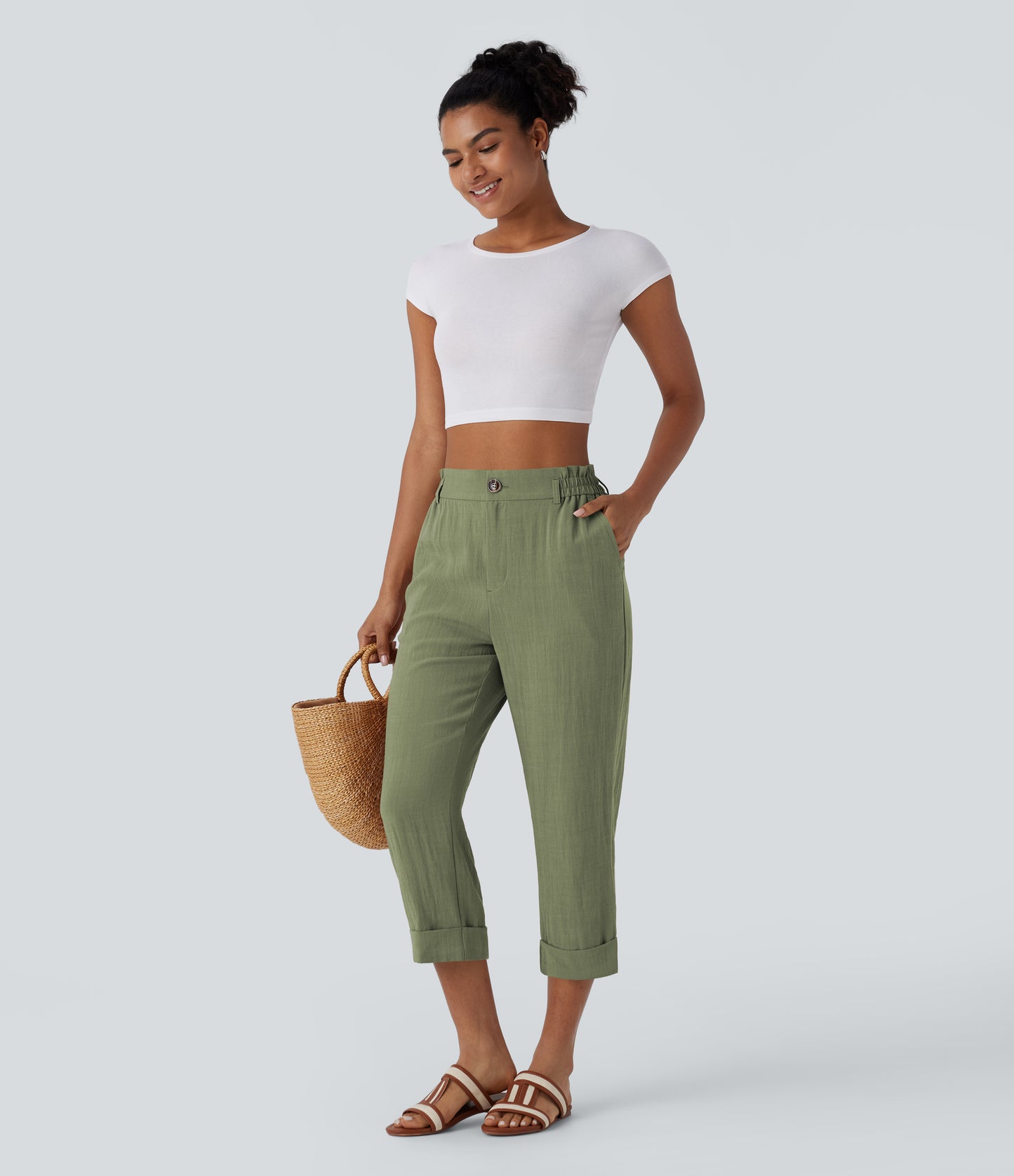 High Waisted Zipper Pocket Capri Linen-Feel Pants