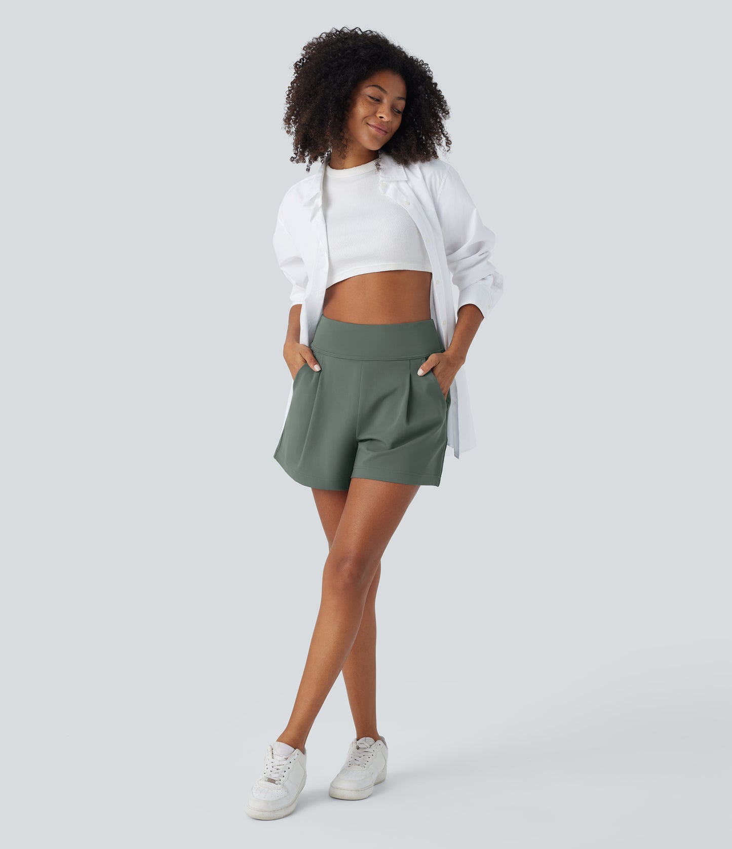 High Waisted Pocket Wide Leg Work Shorts