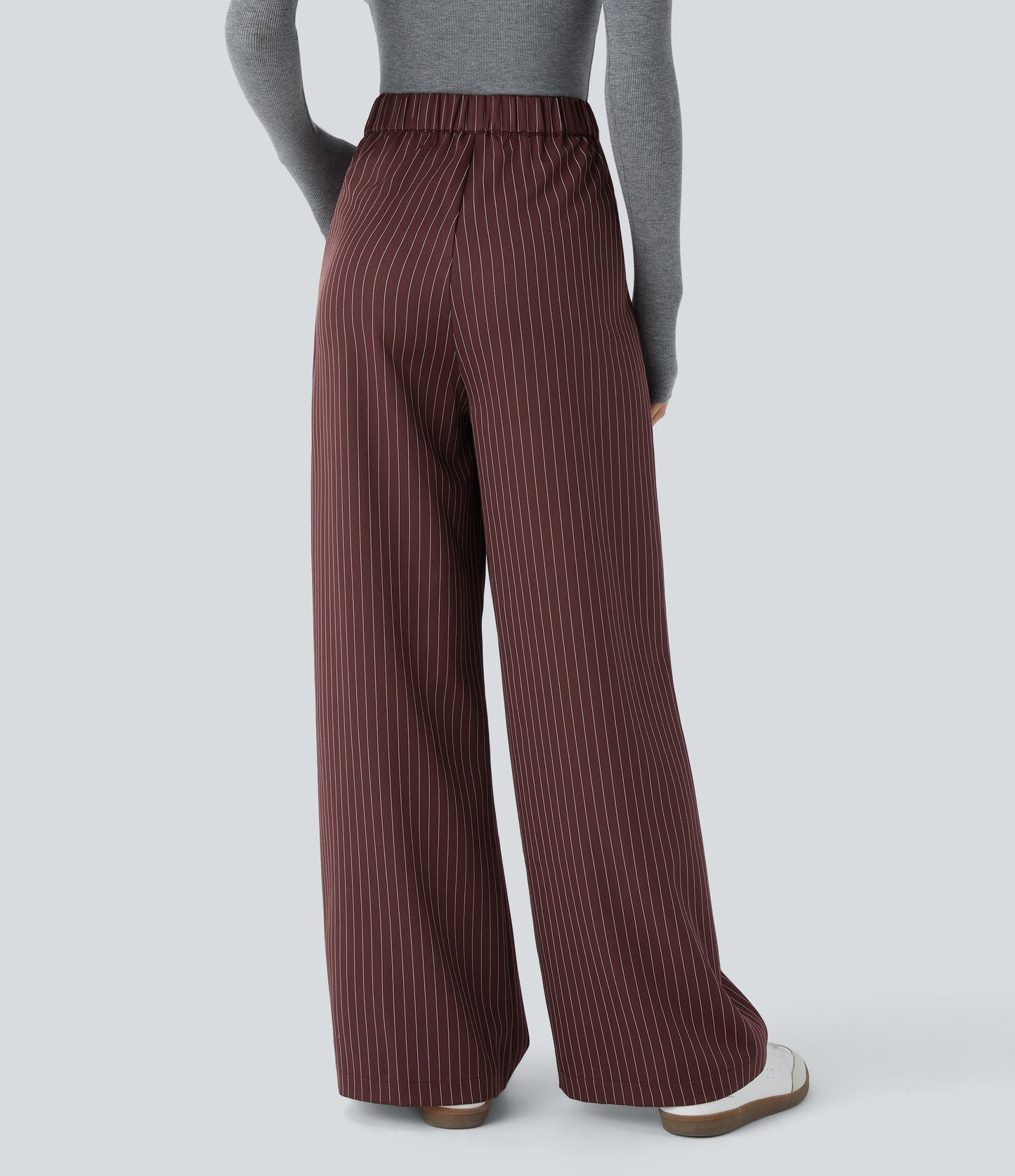 High Waisted Zipper Pocket Wide Leg Striped Work Pants