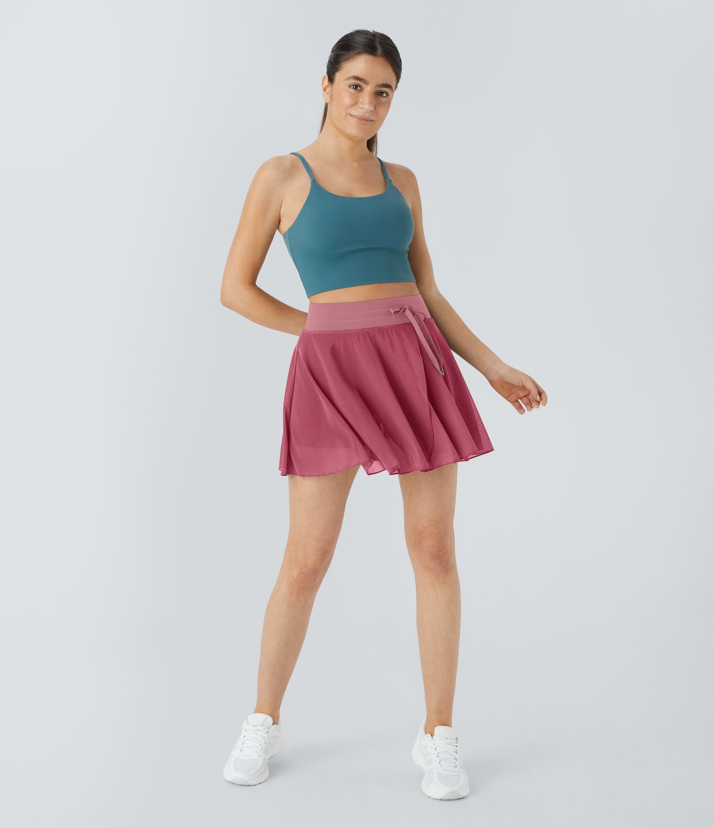 High Waisted Drawstring Contrast Mesh 2-in-1 Pocket Flowy Mini Flare Casual Skirt