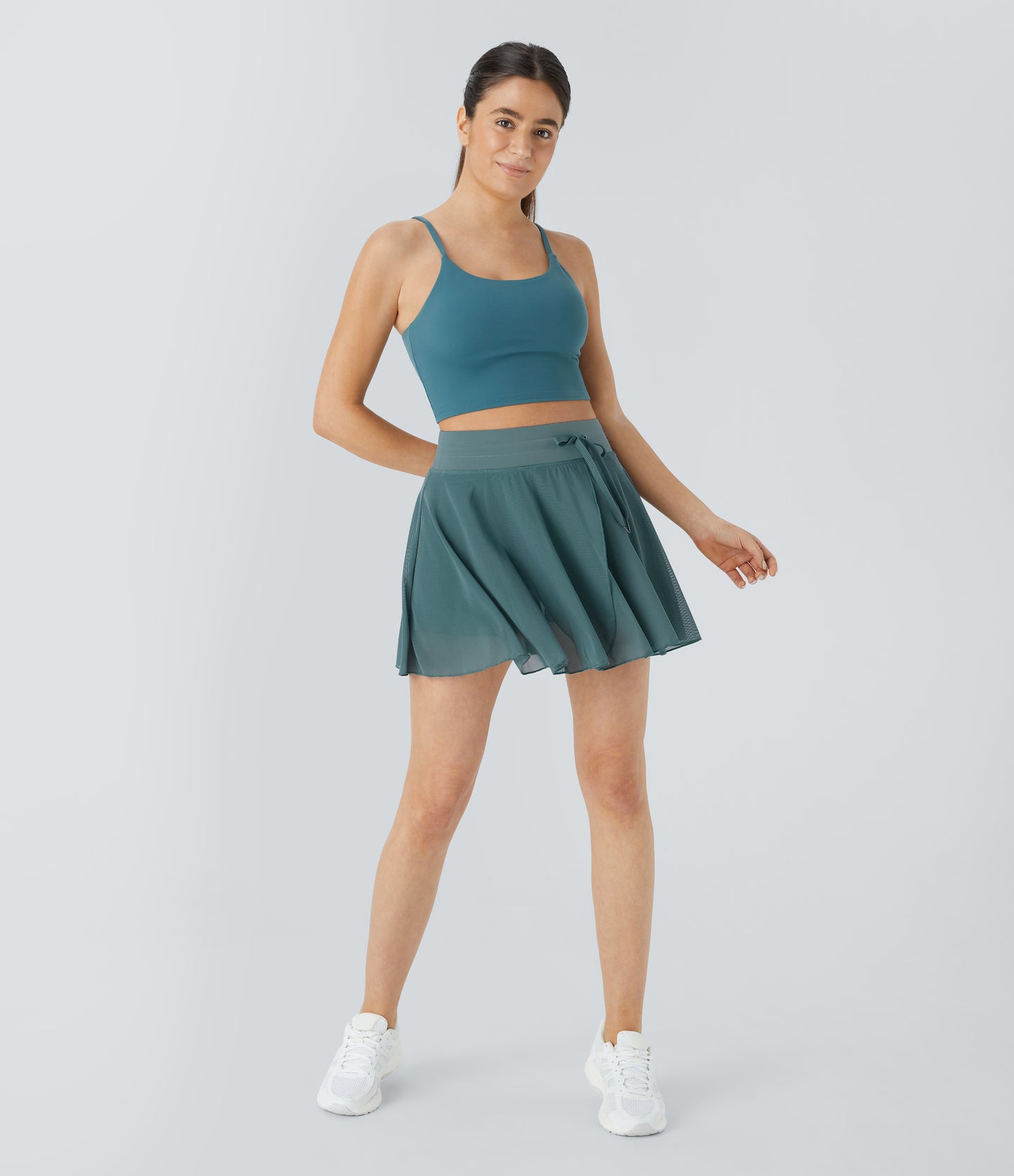 High Waisted Drawstring Contrast Mesh 2-in-1 Pocket Flowy Mini Flare Casual Skirt
