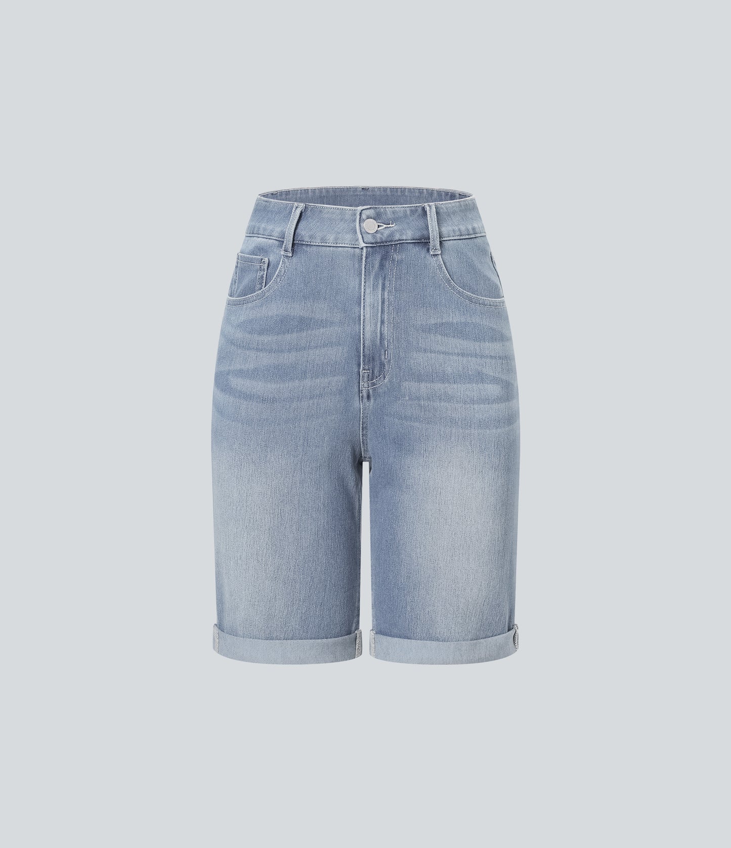 Lässige Bermuda-Shorts aus gewaschenem Denim mit hoch taillierten Taschen und gerolltem Saum