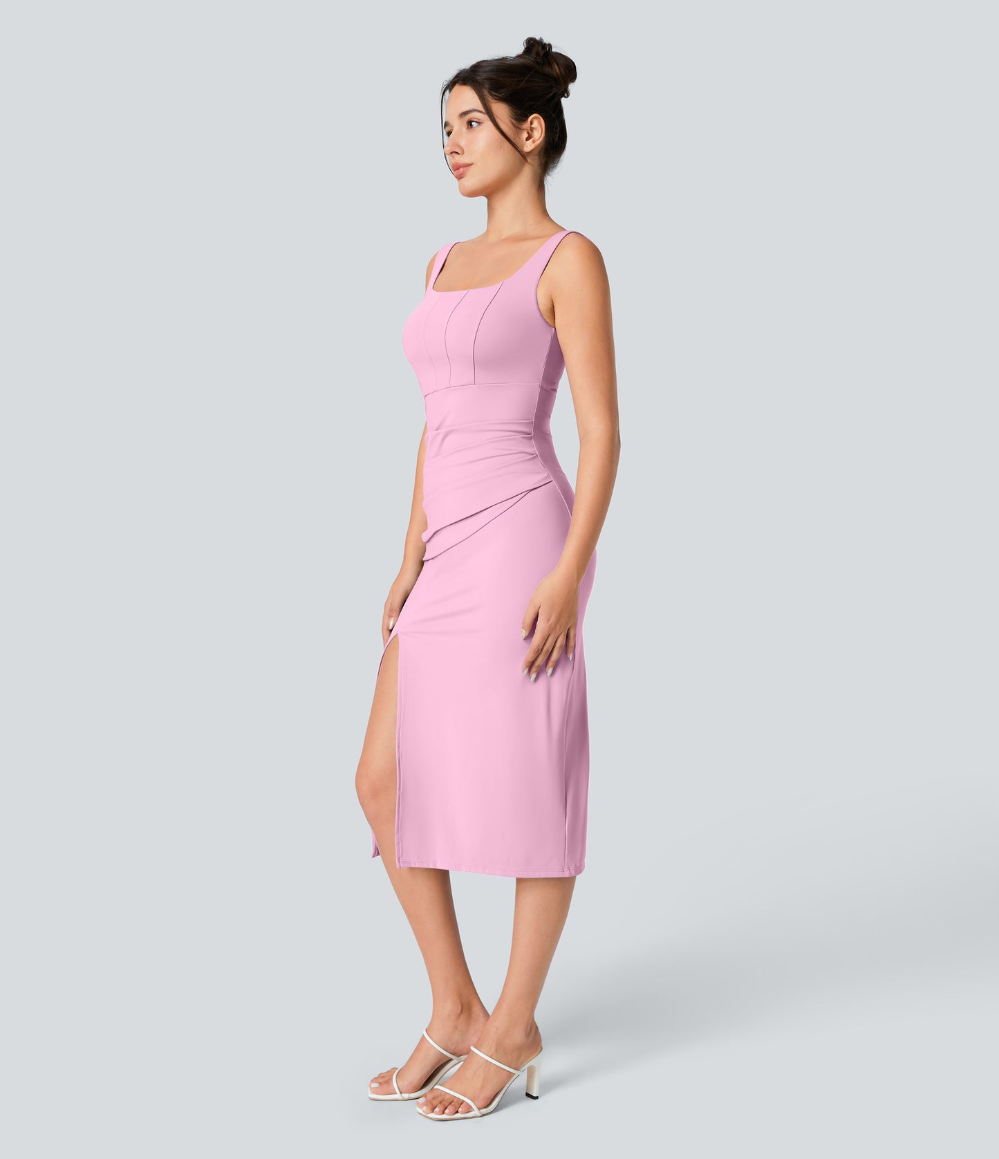 Square Neck Backless Corset Ruched Split Bodycon Midi Cool Touch Bridesmaid and Wedding Guest Dress