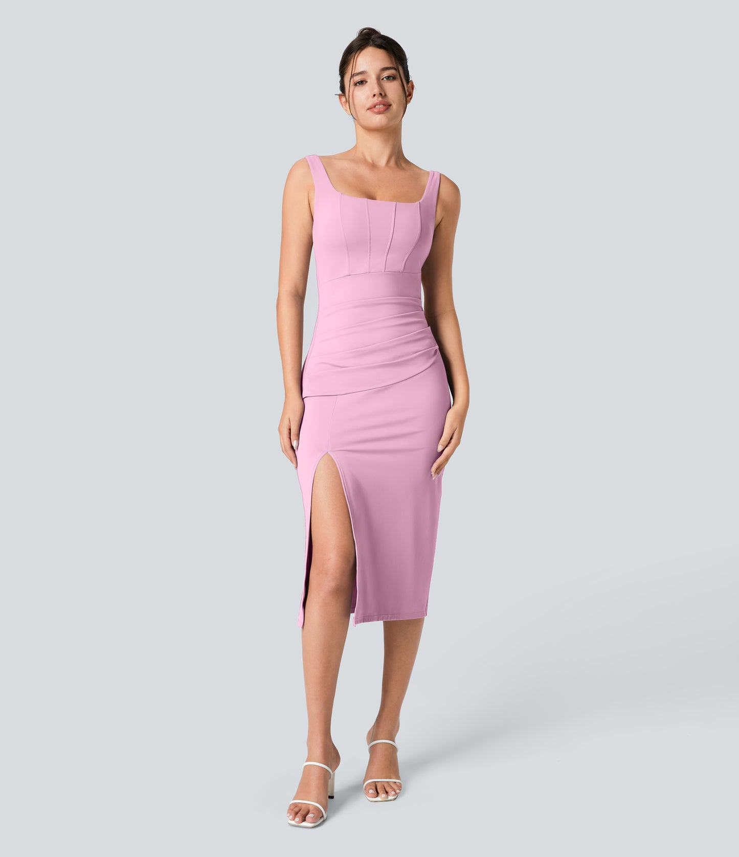 Square Neck Backless Corset Ruched Split Bodycon Midi Cool Touch Bridesmaid and Wedding Guest Dress