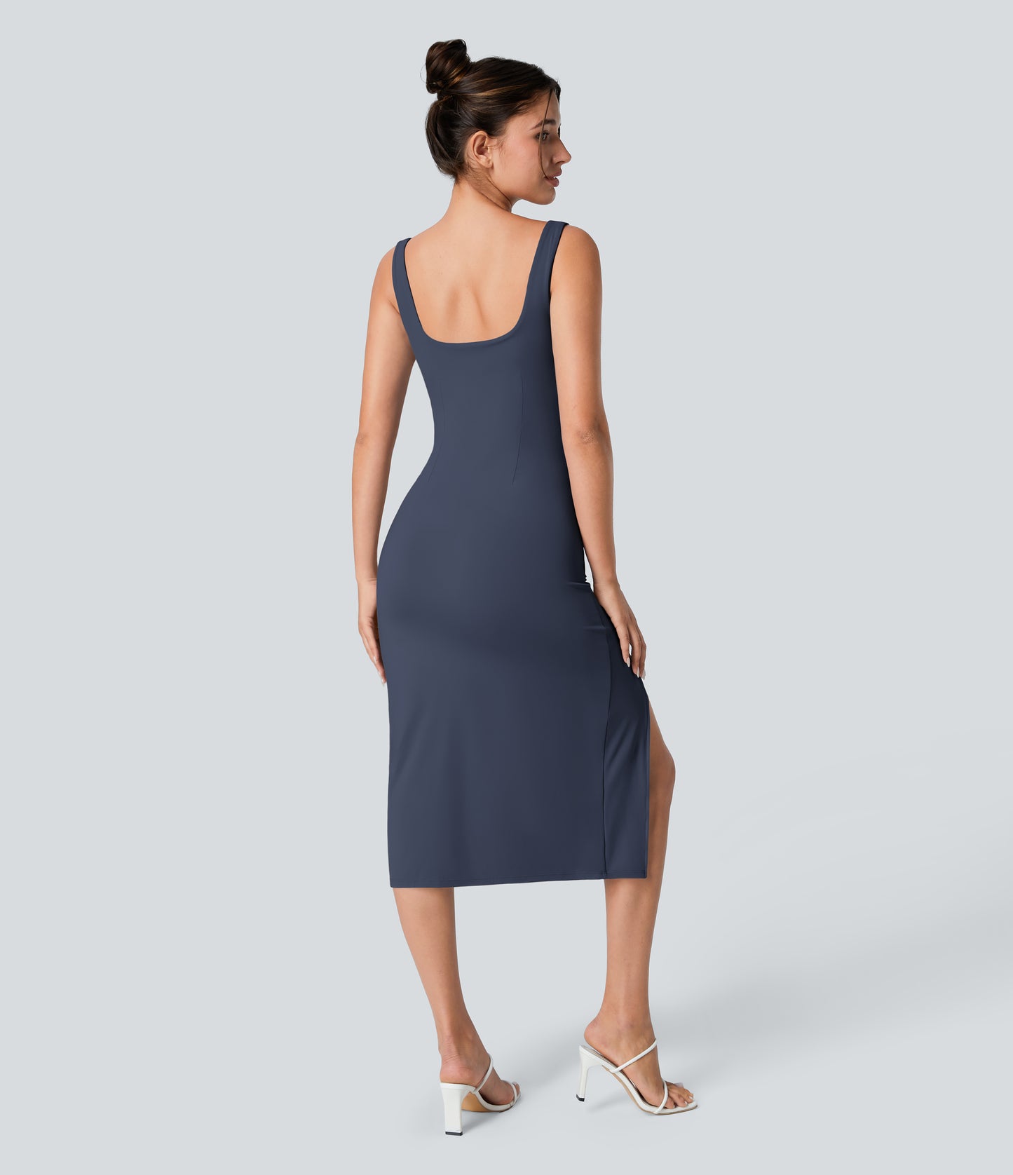Square Neck Backless Corset Ruched Split Bodycon Midi Cool Touch Bridesmaid and Wedding Guest Dress