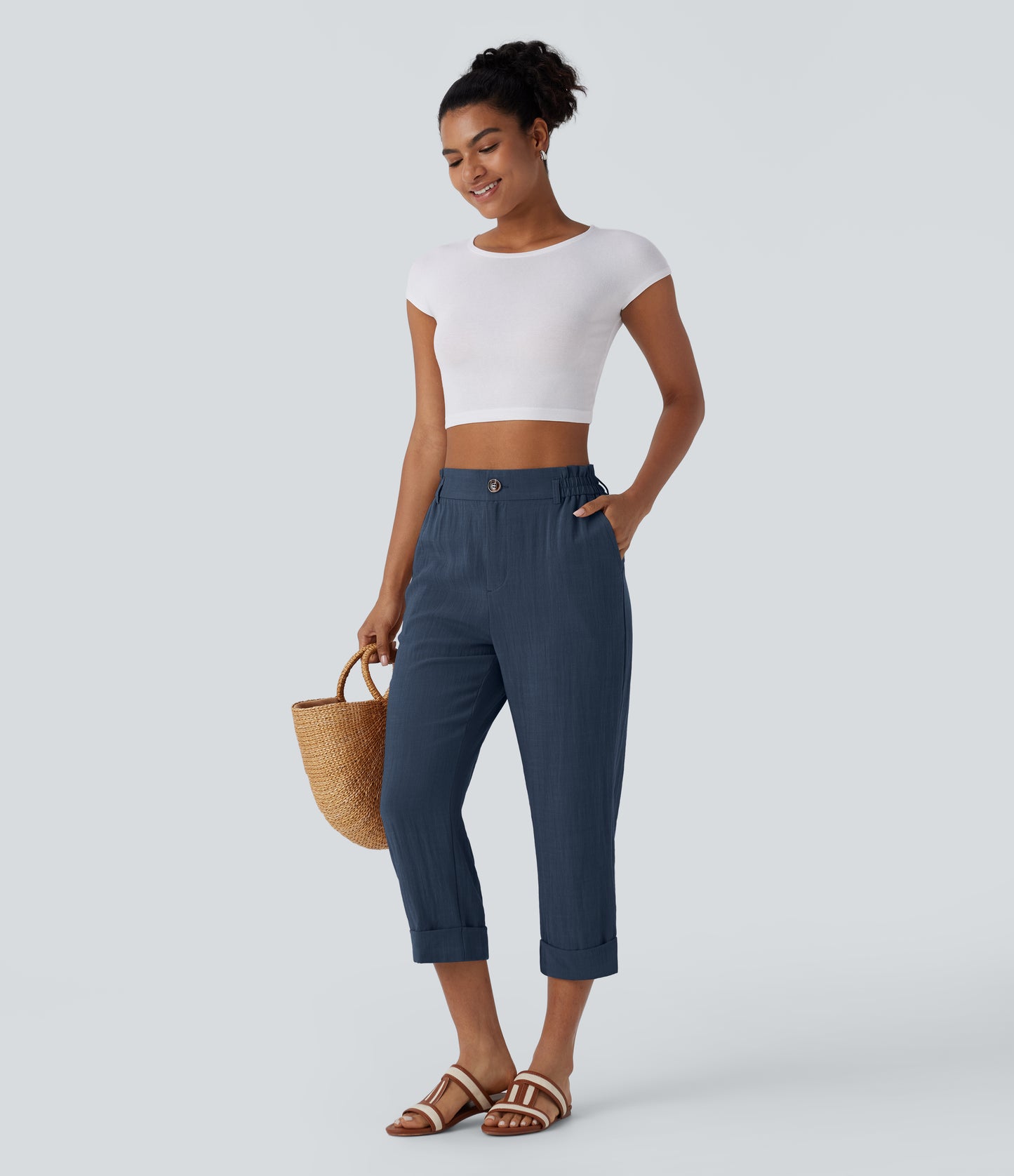 High Waisted Zipper Pocket Capri Linen-Feel Pants