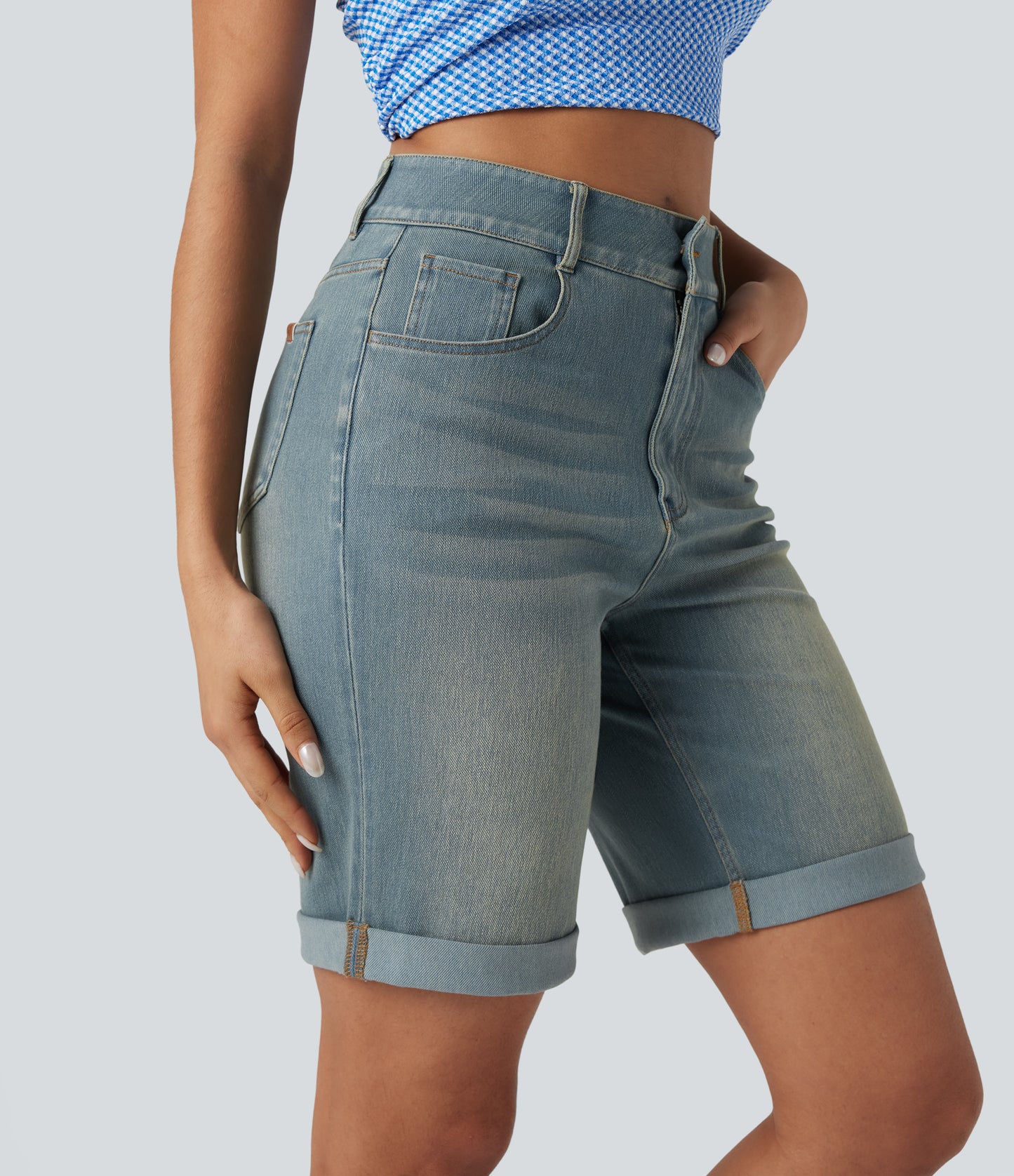 High Waisted Pockets Rolled Hem Washed Denim Casual Bermuda Shorts