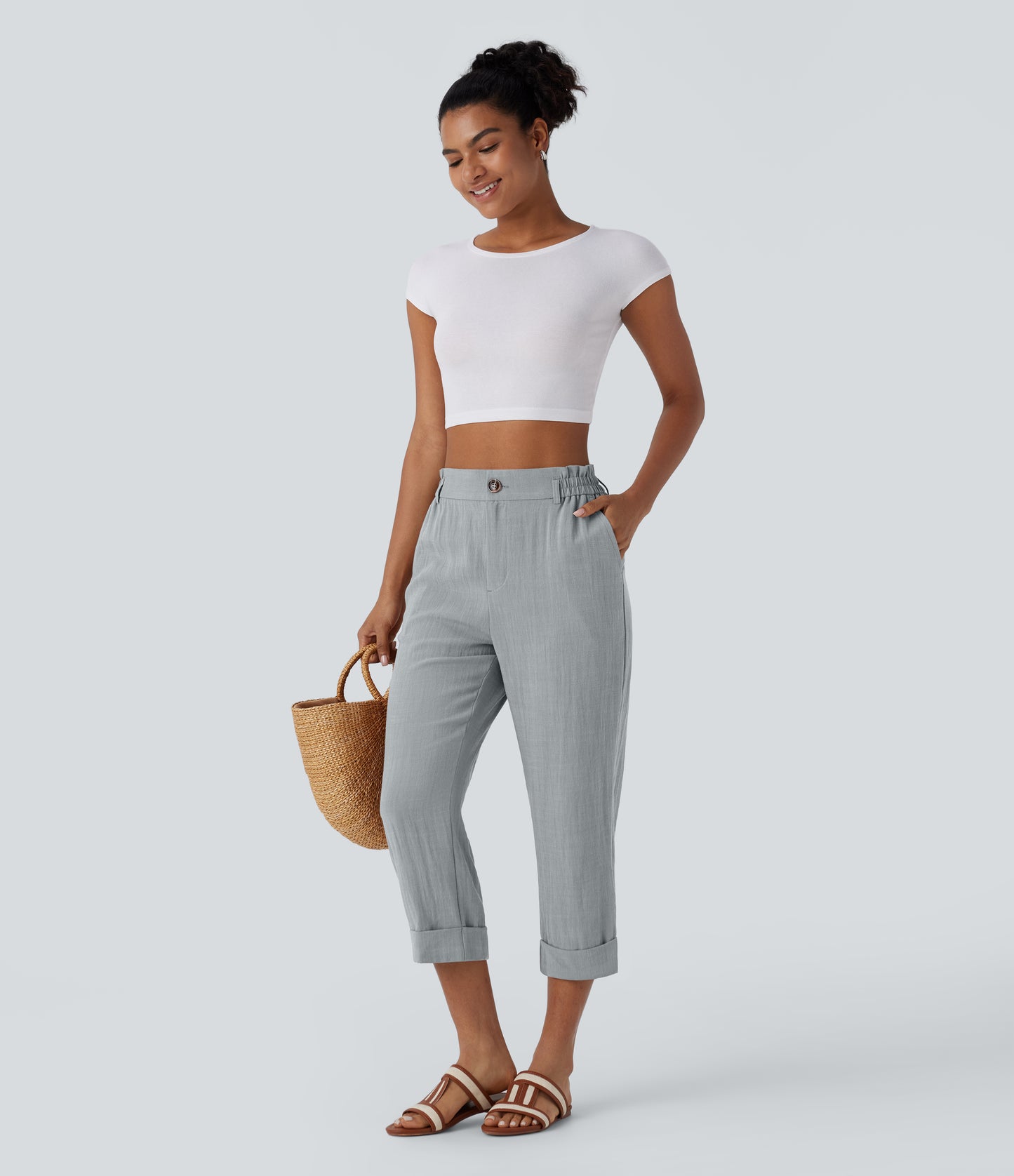 High Waisted Zipper Pocket Capri Linen-Feel Pants