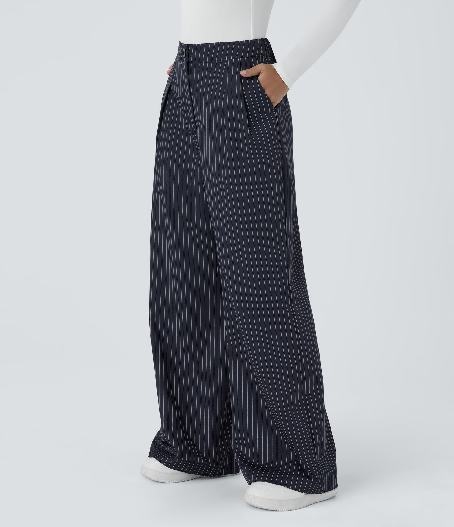 High Waisted Zipper Pocket Wide Leg Striped Work Pants