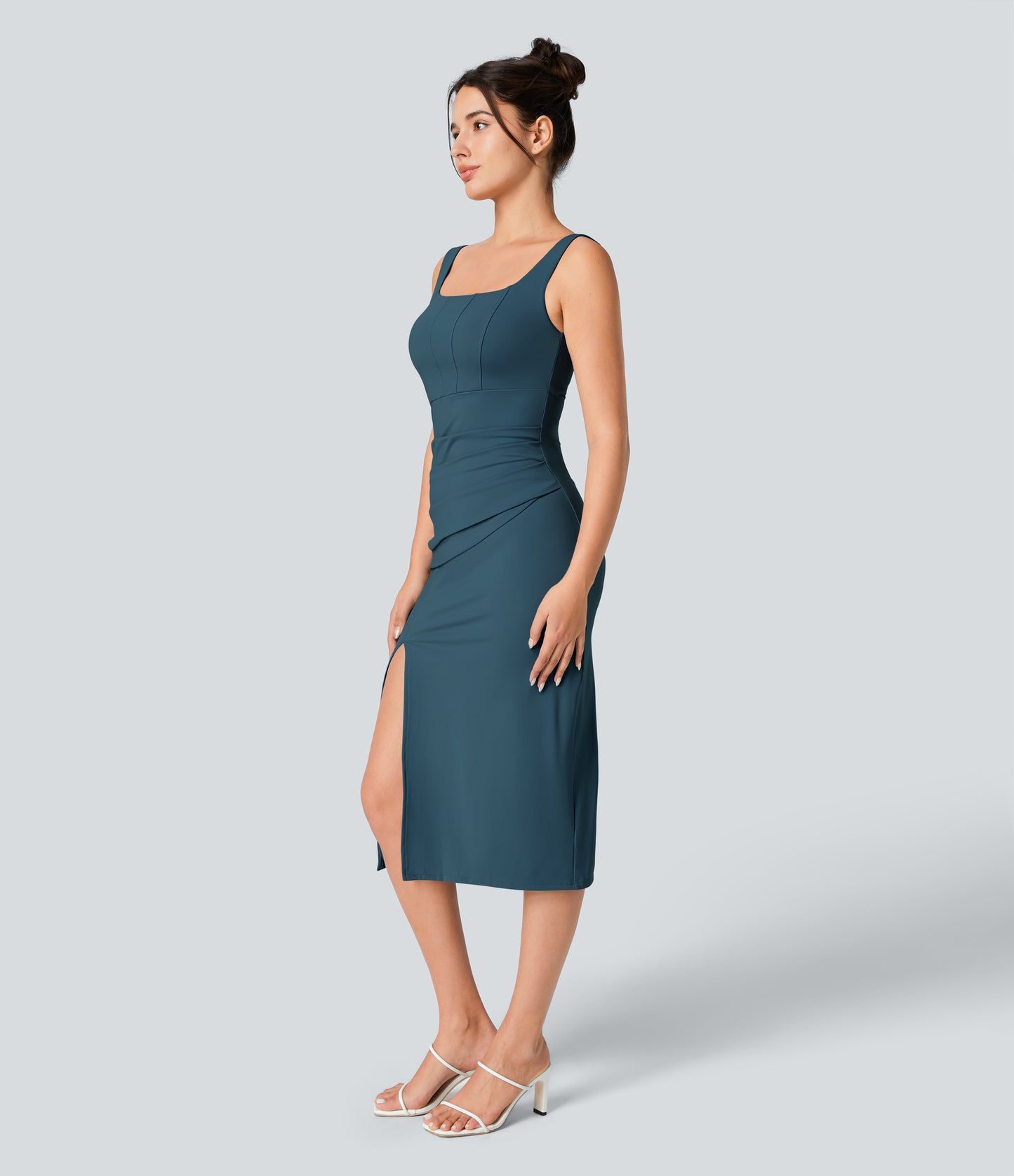Square Neck Backless Corset Ruched Split Bodycon Midi Cool Touch Bridesmaid and Wedding Guest Dress