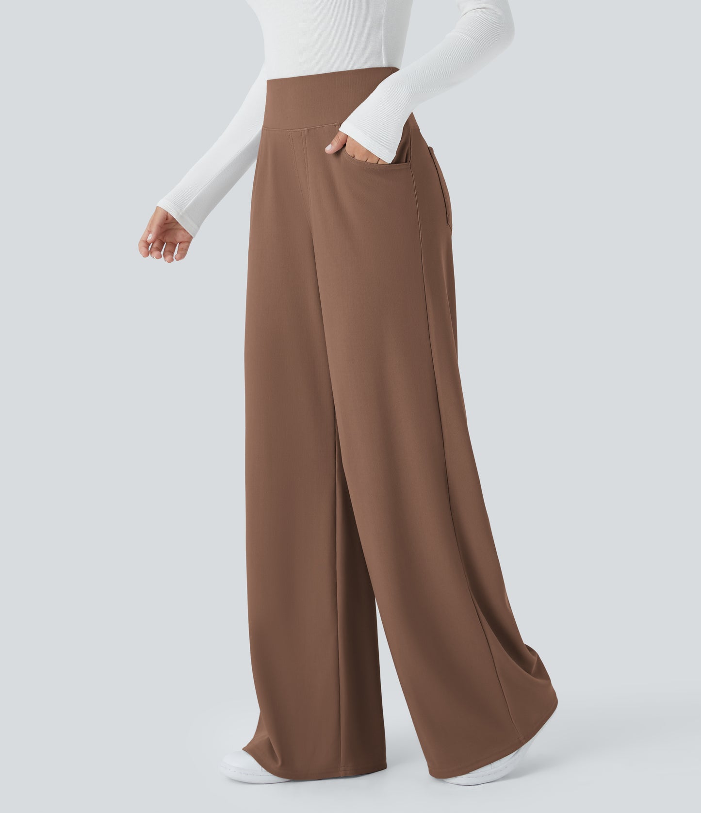 High Waisted Tummy Control Pockets Wide Leg Micro Waffle Work Pants