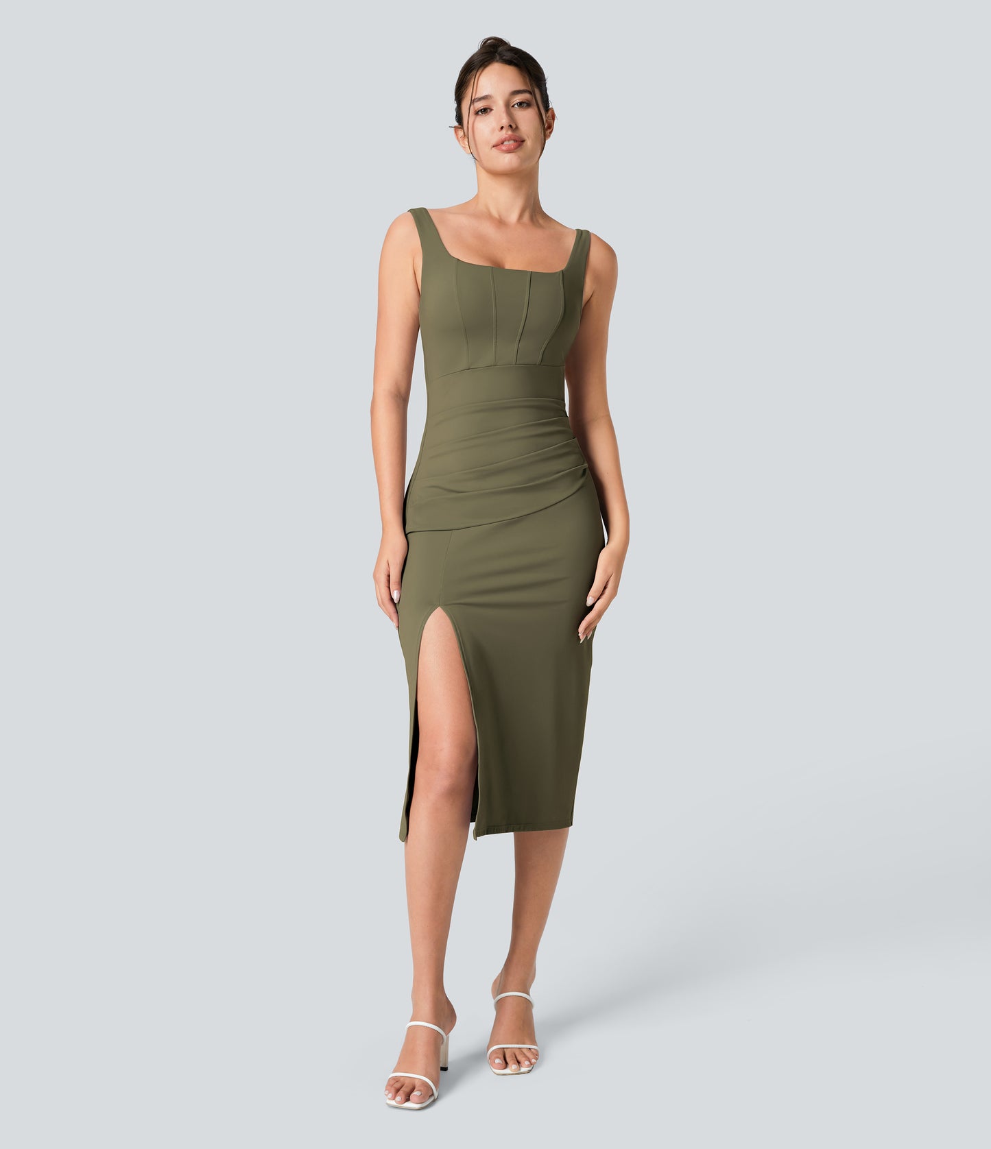 Square Neck Backless Corset Ruched Split Bodycon Midi Cool Touch Bridesmaid and Wedding Guest Dress
