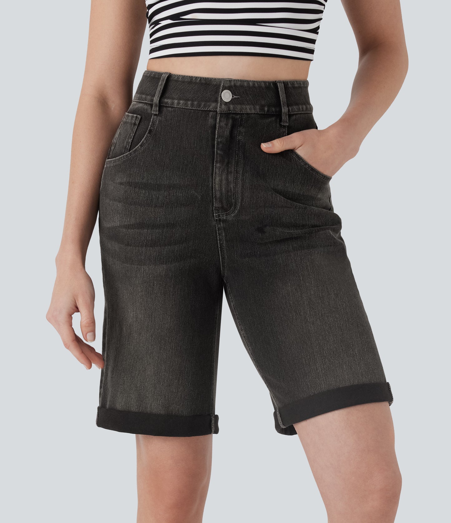 High Waisted Pockets Rolled Hem Washed Denim Casual Bermuda Shorts