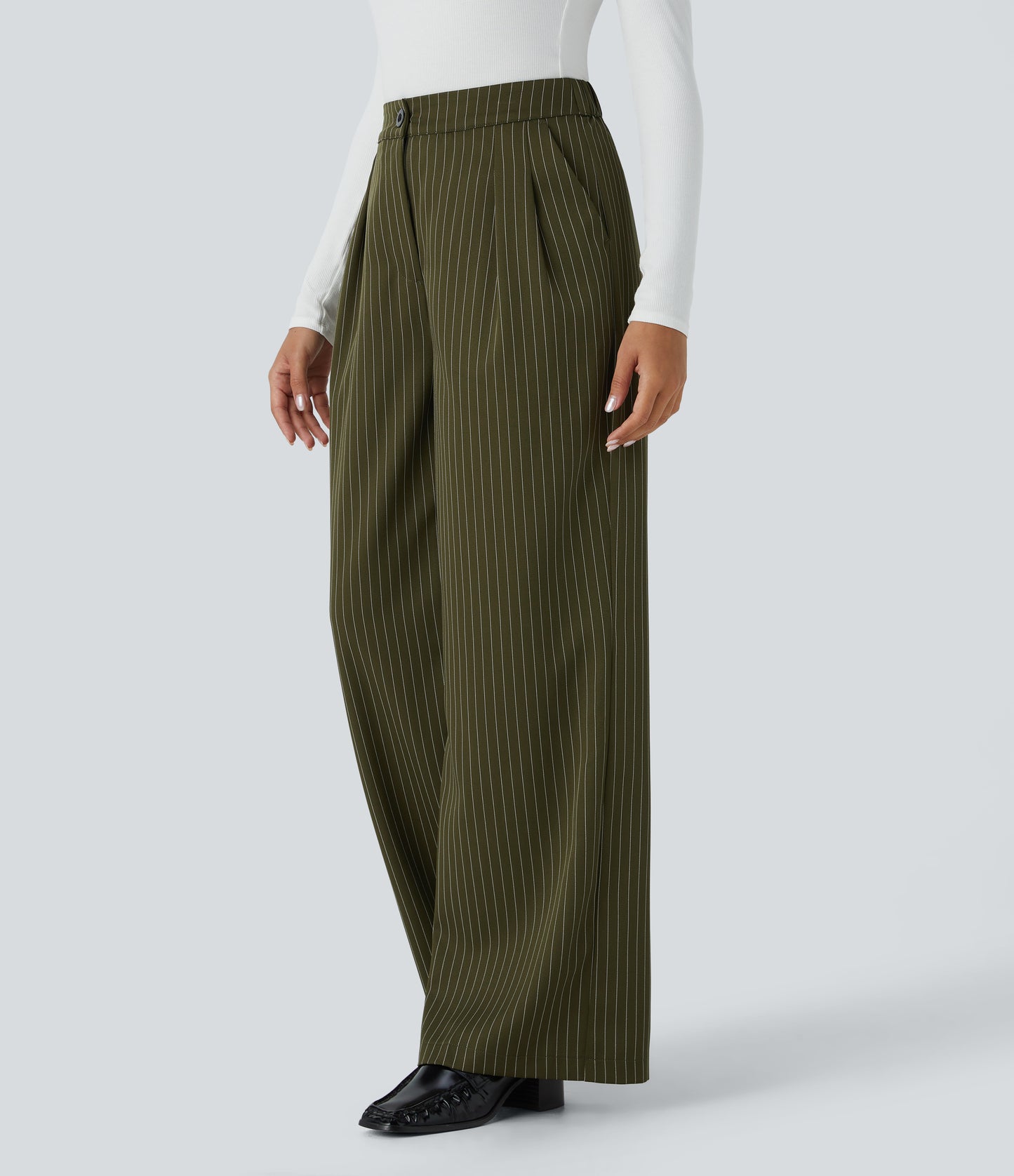 High Waisted Zipper Pocket Wide Leg Striped Work Pants