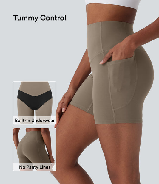 High Waisted Tummy Control Built-in Underwear Anti-Bacterial Shaping Training Biker Shorts 5'' With Pockets
