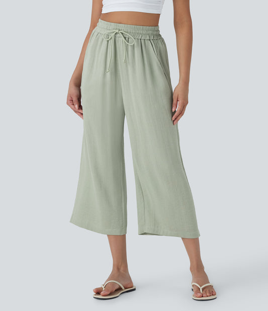 High Waisted Drawstring Wide Leg Cropped Casual Linen-Feel Pants with Pockets