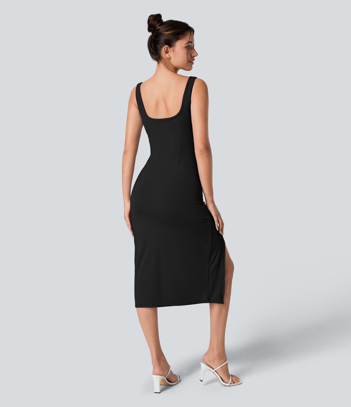 Square Neck Backless Corset Ruched Split Bodycon Midi Cool Touch Bridesmaid and Wedding Guest Dress