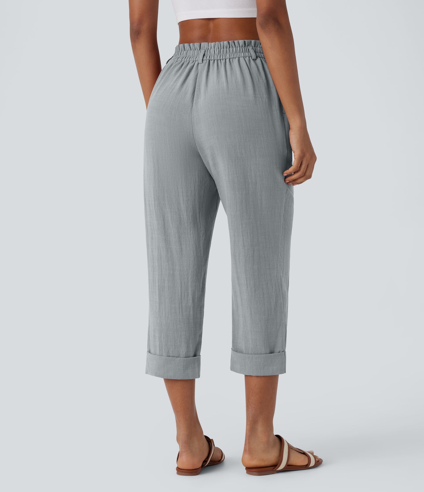 High Waisted Zipper Pocket Capri Linen-Feel Pants