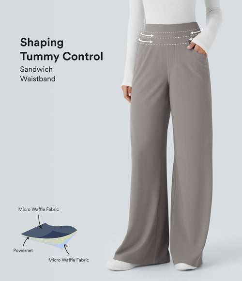 High Waisted Tummy Control Pockets Wide Leg Micro Waffle Work Pants