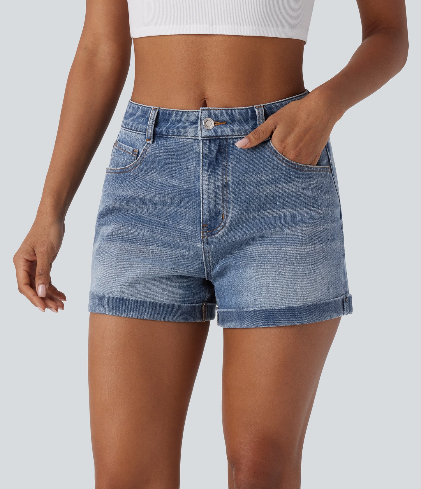 Mittelhohe Denim-Shorts mit Reißverschlusstaschen, 3 Zoll