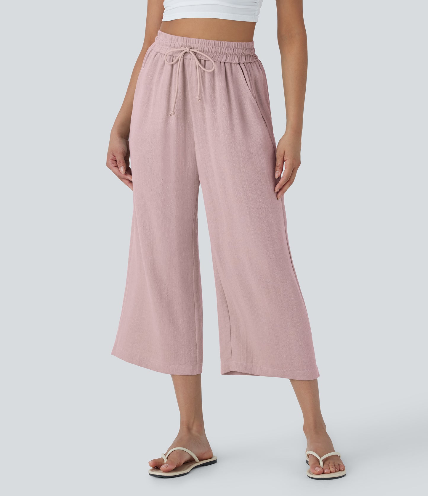 High Waisted Drawstring Wide Leg Cropped Casual Linen-Feel Pants with Pockets