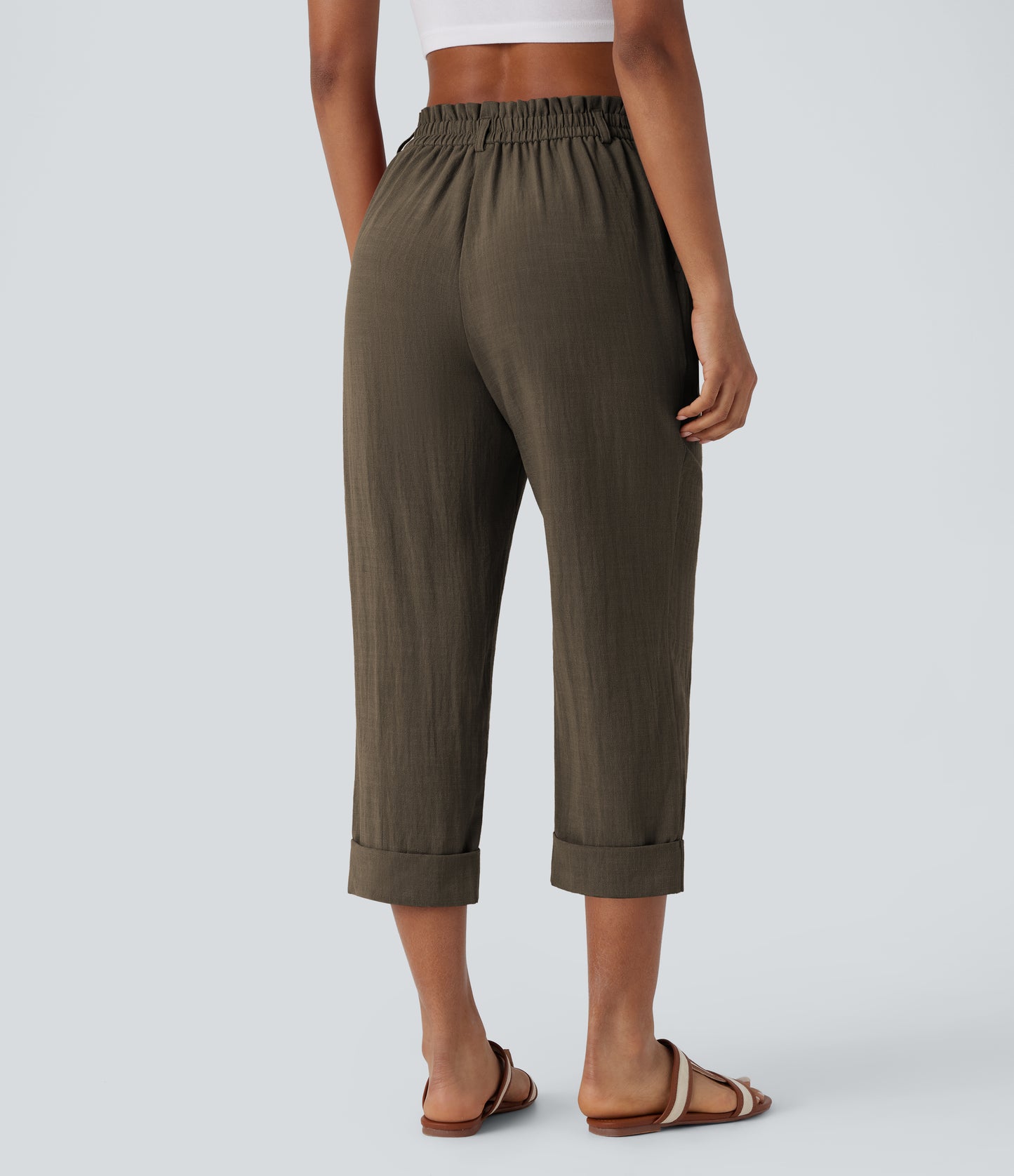 High Waisted Zipper Pocket Capri Linen-Feel Pants