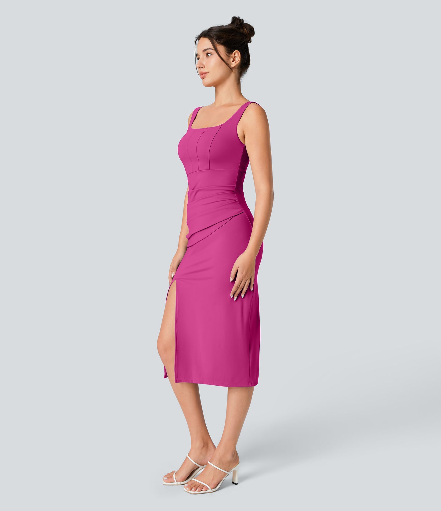 Square Neck Backless Corset Ruched Split Bodycon Midi Cool Touch Bridesmaid and Wedding Guest Dress