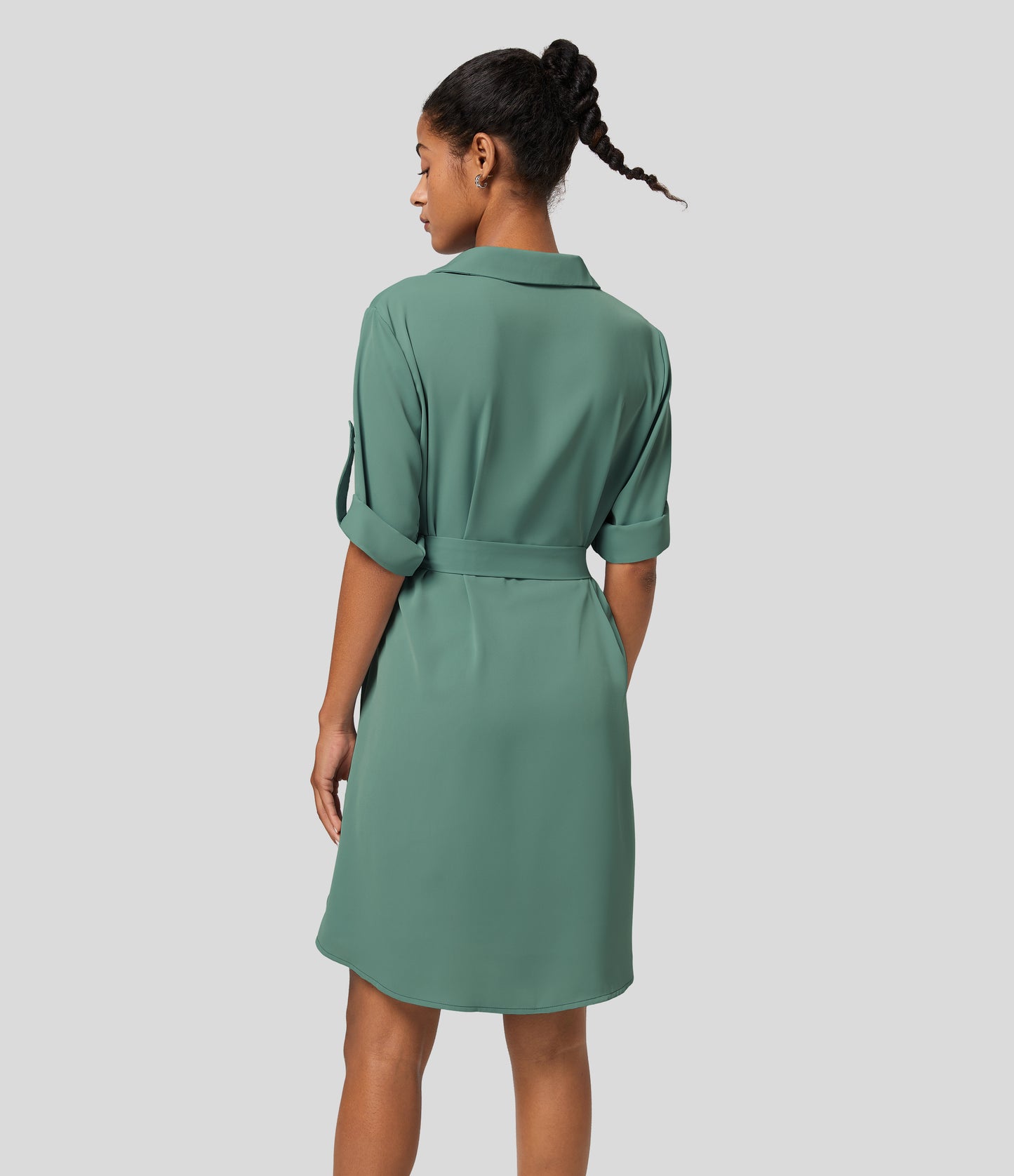 Roll Up Sleeve Belted Relaxed Work Shirt Dress