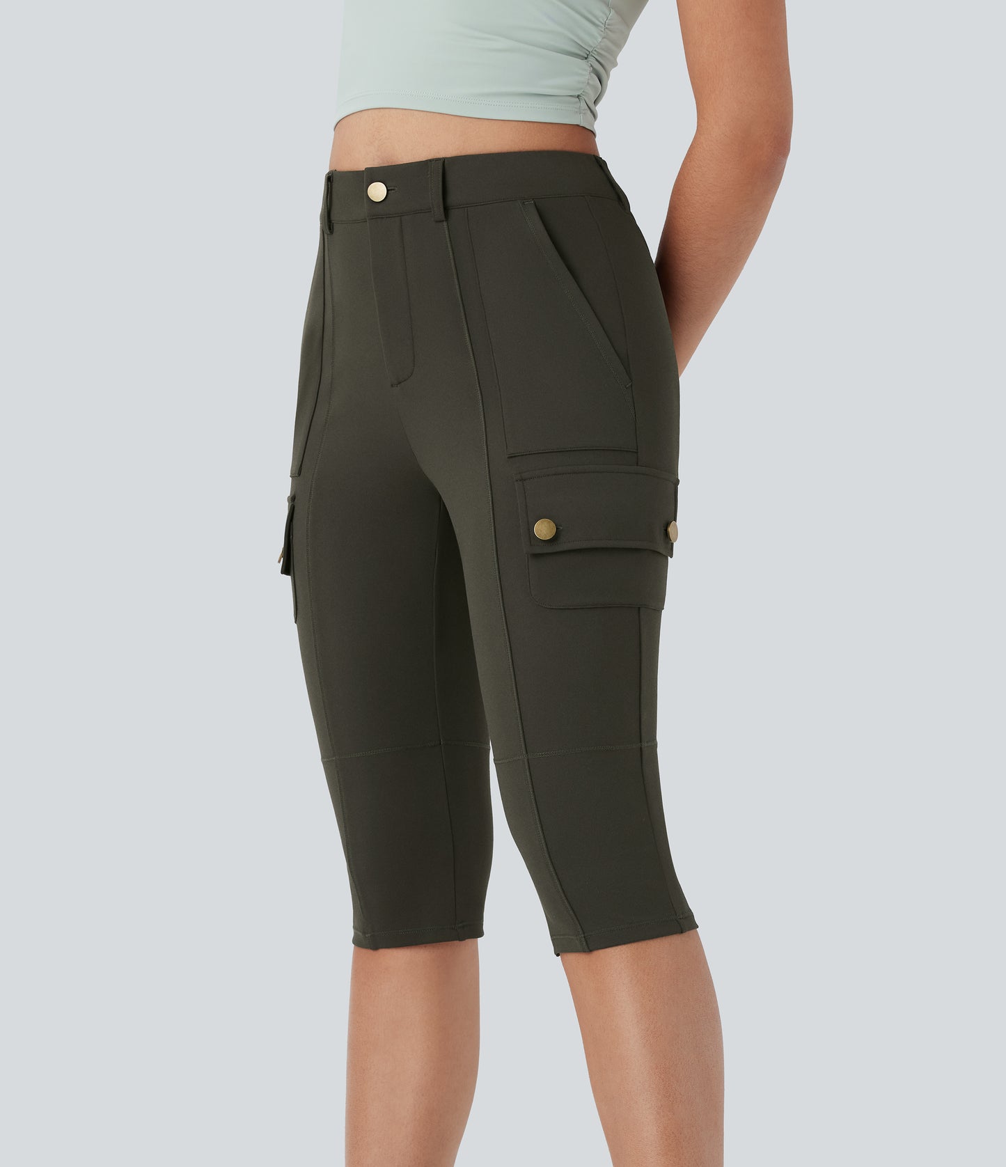 High Waisted Zipper Pockets Solid Skinny Pedal Pusher Casual Cargo Pants