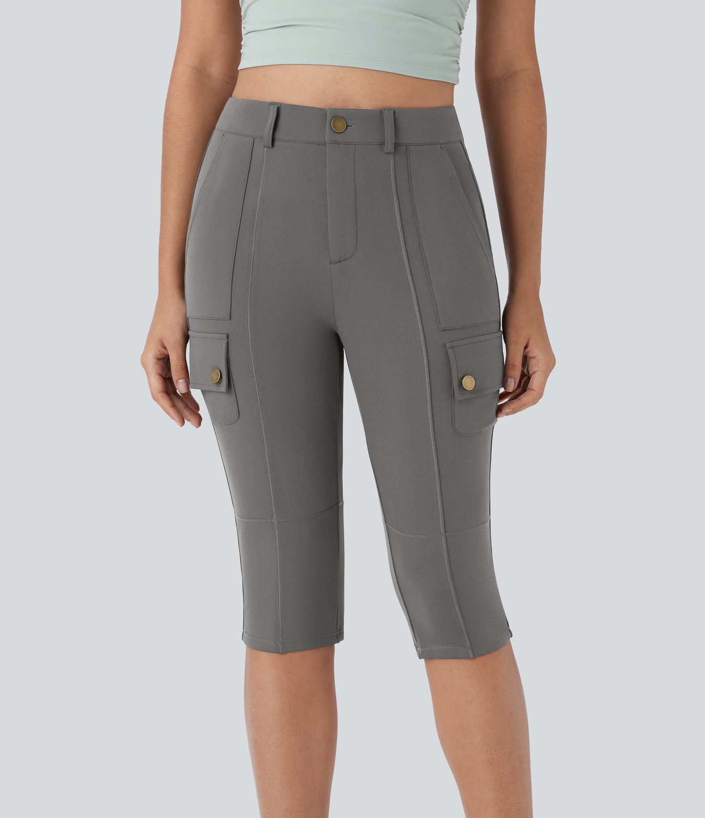 High Waisted Zipper Pockets Solid Skinny Pedal Pusher Casual Cargo Pants