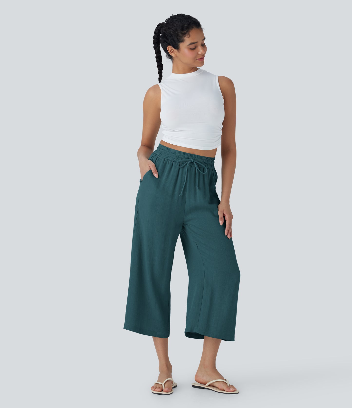 High Waisted Drawstring Wide Leg Cropped Casual Linen-Feel Pants with Pockets