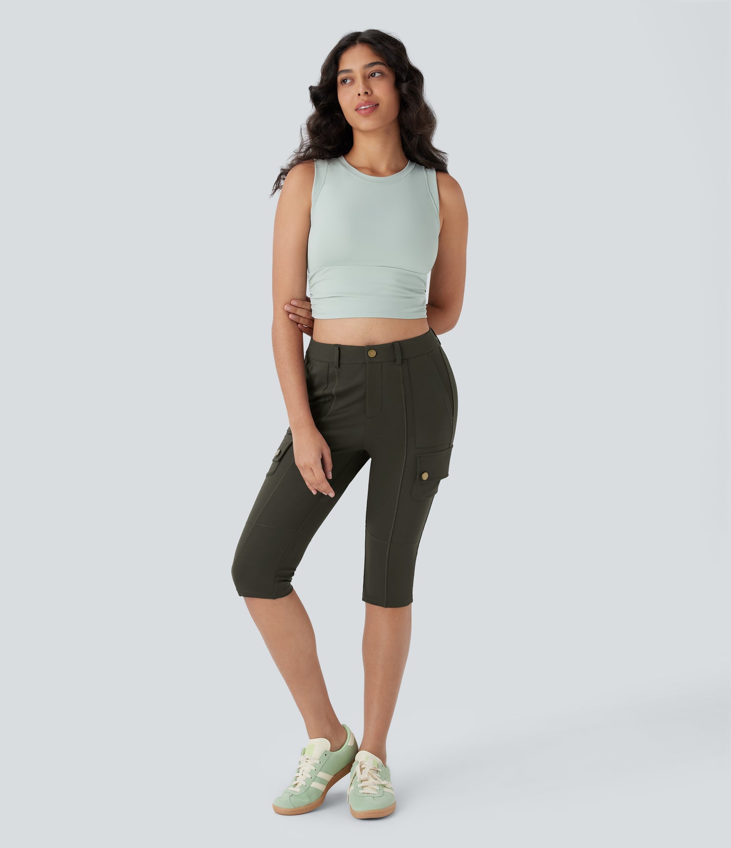 High Waisted Zipper Pockets Solid Skinny Pedal Pusher Casual Cargo Pants